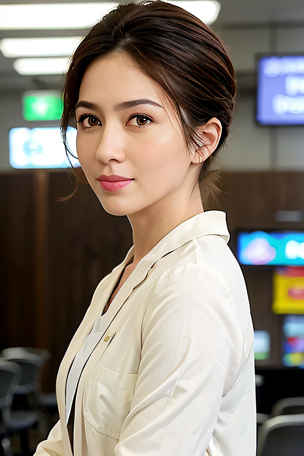 (airport:1), afternoon, (doctor gown:1), bright brown fringe short hair, light brown eyes, 1girl, 20 years old, innocent, (photorealistic), (intricate details:1.2),(masterpiece, :1.3),(best quality:1.4), (ultra highres:1.2), ultra high res, (detailed eyes), (detailed facial features), HDR, 8k resolution, (lens flare:0.7), turn around, busy on examine report, face viewer