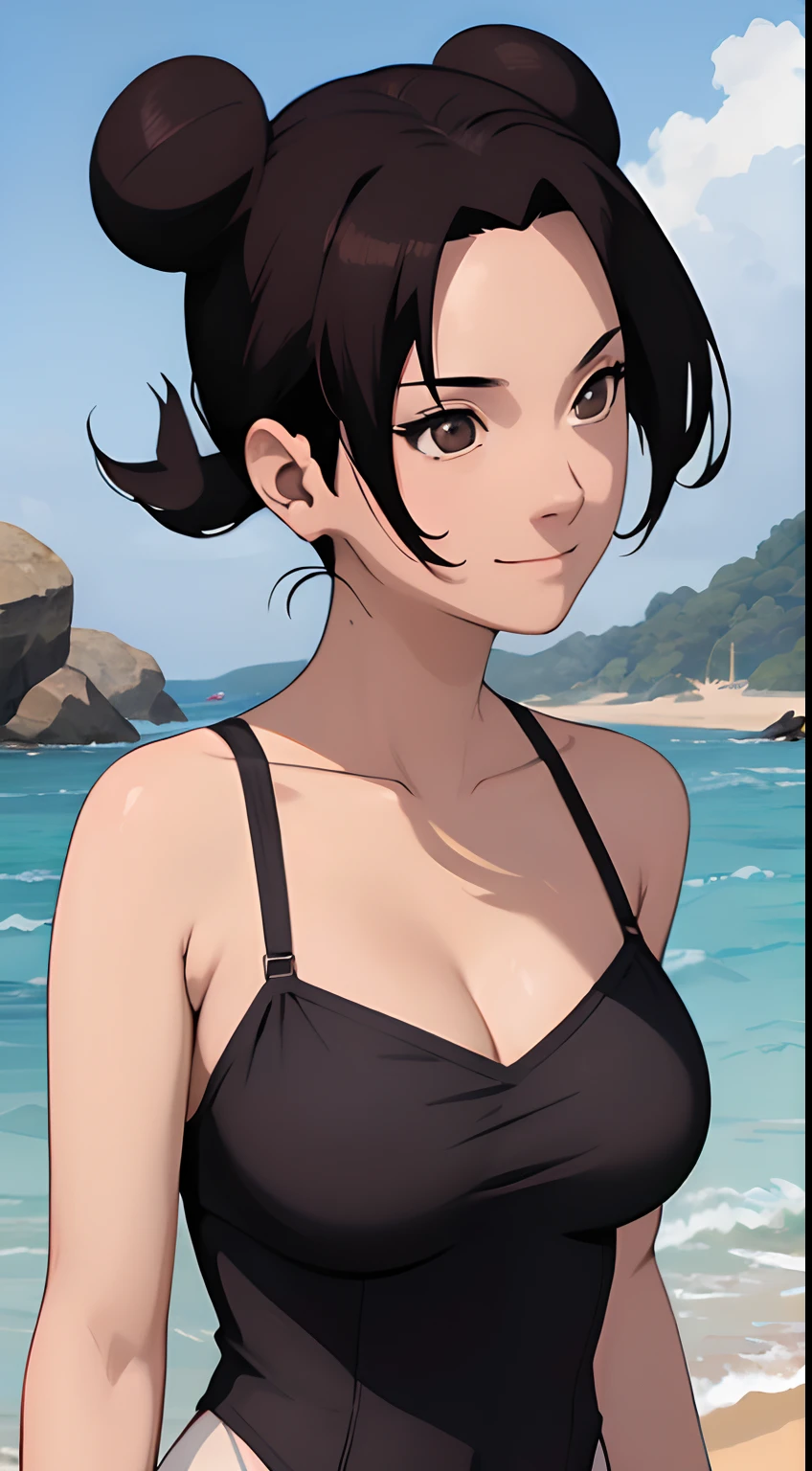 (tmasterpiece:1.3),Black color hair,little breast,ssmile,slightly fat big breasts,Be red in the face,best qualtiy,The is very detailed,Get close to the lens,Delicate and beautiful face,sea beach,rays of sunshine,baiyun,Flying birds