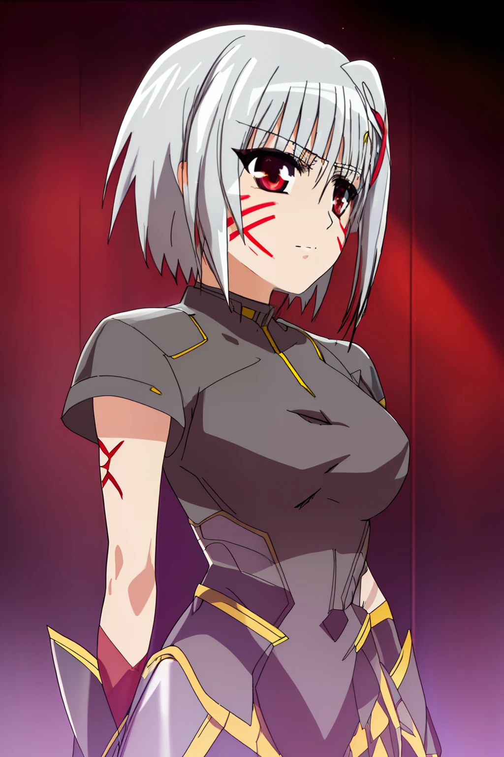 looking at viewer,standing,staring straight,1girl,(((intricate iris, white hair,redeyes,))),evil smile,black jacket,leotard,gauntlet,inner glowing eyes,,reinforce, 1girl,(((silver short hair,red facepainting))),cowboy shot,yagami hayate, magical girl,mahou shoujo lyrical nanoha,