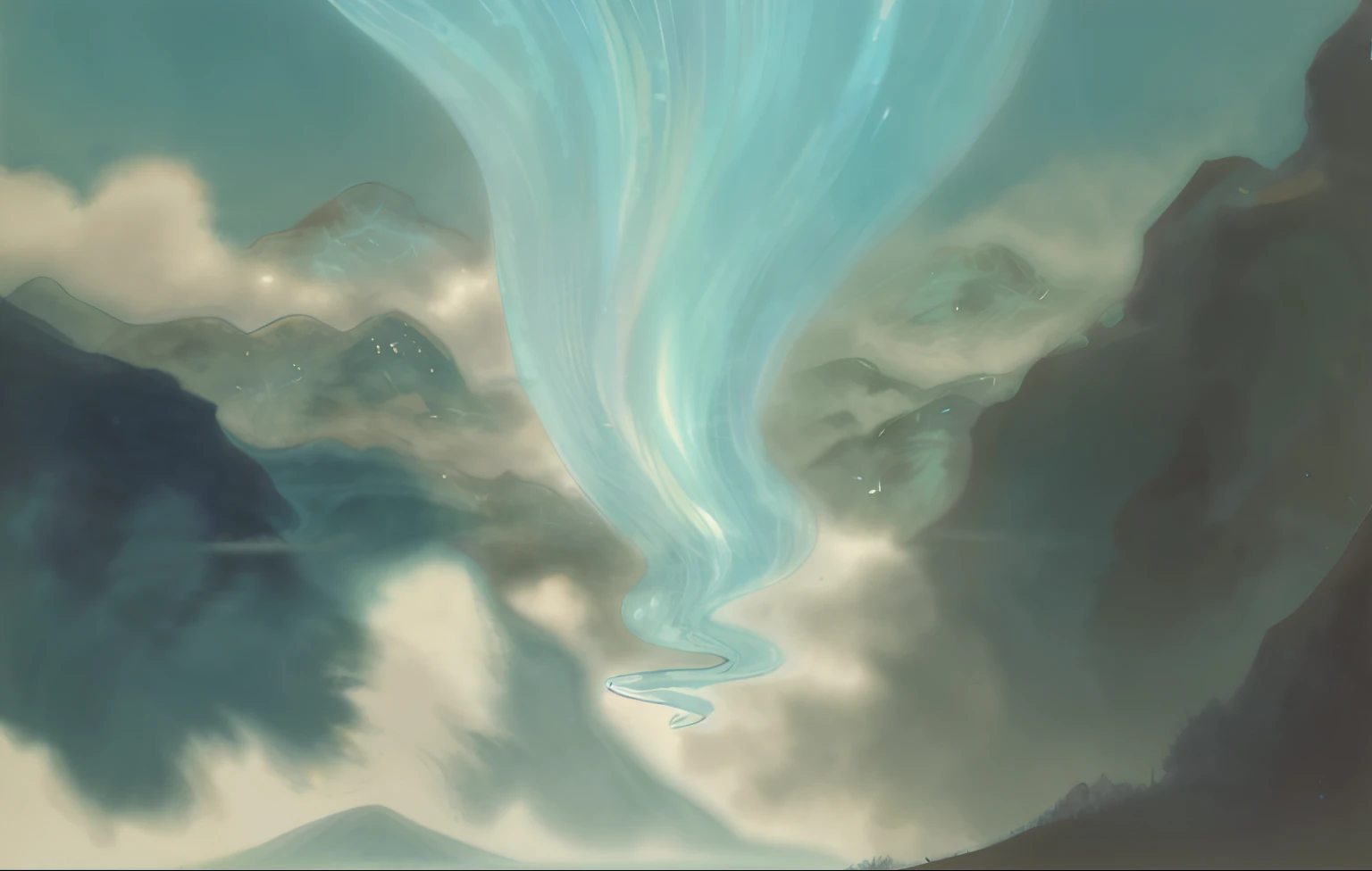 There are pictures of water flowing in the valley, a still of an ethereal, glowing swirling mist, concept art magical highlight, Atmospheric anime, anime atmospheric, inspired by Sōami, ethereal eel, anime vfx, ethereal anime, dust kicked up, Ground fog vortex, animated still, emitting spore clouds,A river that glows white from the sky,Intricate details of the cyan mountain,The picture has a texture overlay of straw paper,A painting of mountains and water, author:Zao Wou-ki, art stations, the taoist temples of huangshan, Blue color scheme, Peacock in the desert, Long hair blue centered, angel sitting on a rock, “ aerial view of a mountain, Chaos composition, ravine,Azure:3,Grass paper texture:2
