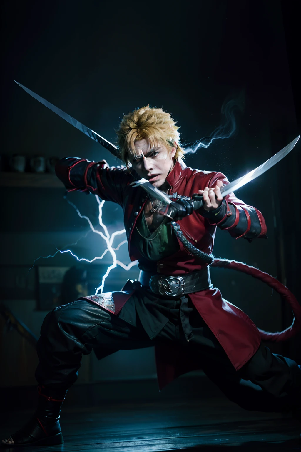 Cartoon illustration of a man with a sword in a room, blazing infero, dio brando, demon slayer rui fanart, fighting stance energy, demon slayer artstyle, The Joker(As Naruto), Explosive lightning spells, Tanjiro Kamado, portrait of ninja slayer, badass pose, handsome guy in demon slayer art, dramatic wielding katana pose, Strongest Pose