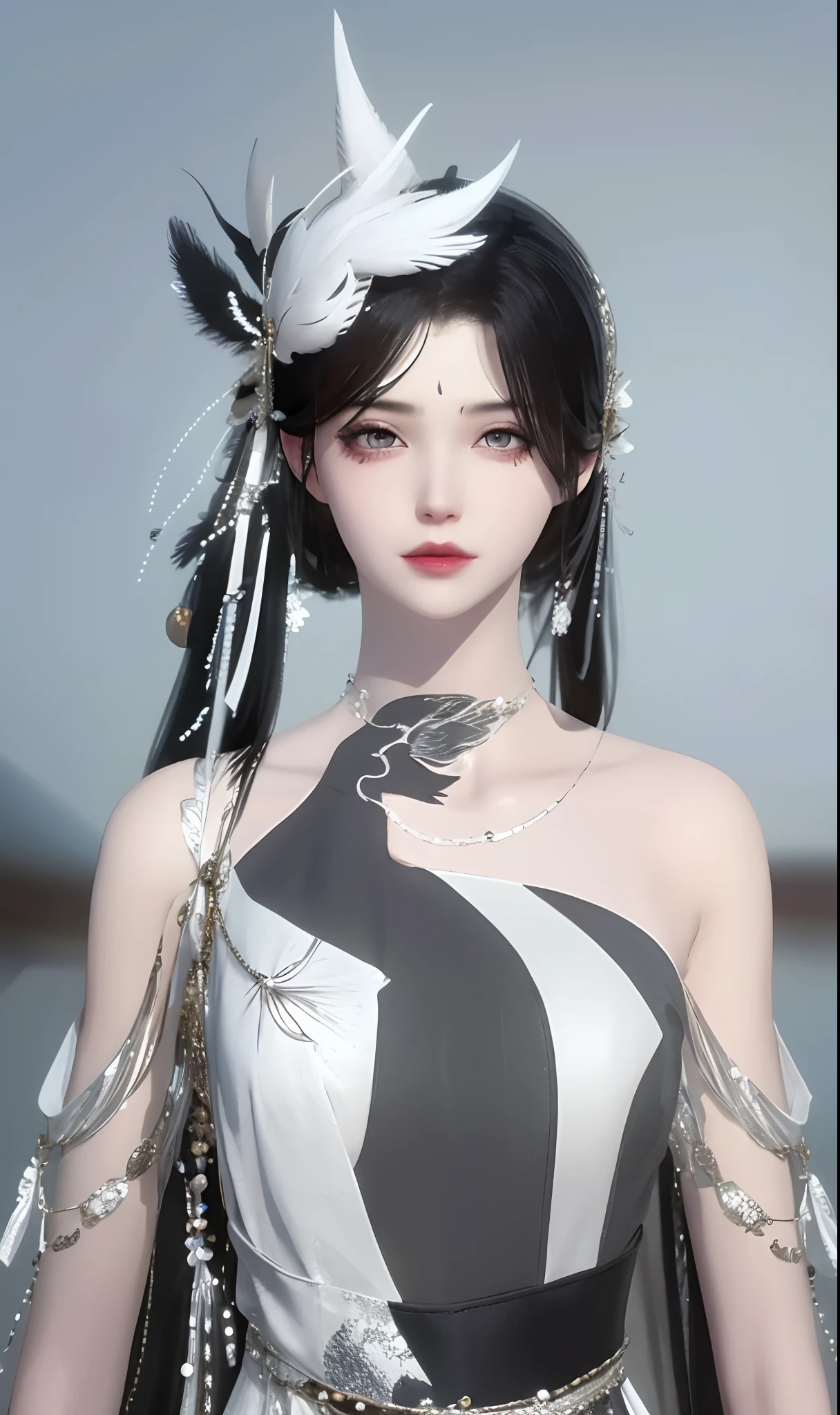 （best qualtiy，tmasterpiece：1.2），超高分辨率，realisticlying，Front lighting，Complicated details，Exquisitedetailsandtextures，（1girll），独奏，The upper part of the body，Black and white Hanfu，bamboo leaves pattern，Nice big eyes，Black and white dress，Bamboo leaf decoration，beauitful face，facing to audience，Streamers，gossamer，（年轻），Facial highlights，Detal Face，tear-mole，white skinned，Silvery hair，High ponytail，looking at viewert，largeeyes，Silk Hanfu，（Openwork pattern，Black and white silk），耳Nipple Ring，slimfigure，white backgrounid，correct hand，profesional lighting，photon maping，Radio City，physically-based renderingt