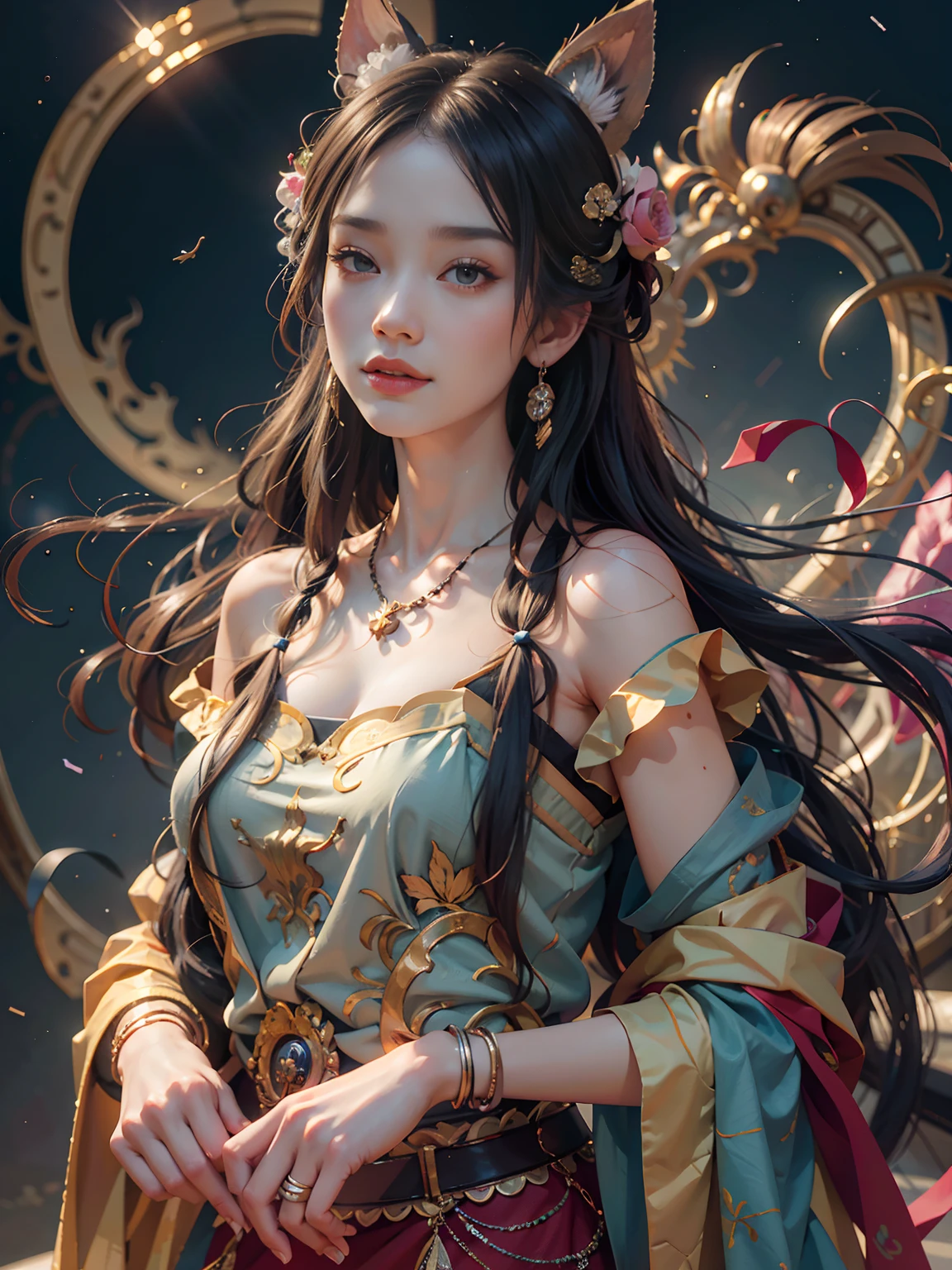 (8K, RAW photos, best qualtiy, tmasterpiece:1.2), (realisticlying, photograph realistic:1.4), (Very detailed CG unity 8K wallpaper), (dunhuang_dress:1.2), (1girll), (独奏:1.1), (full bodyesbian:1.2), mediuml breasts, (Long floating hair), Jewelry in hair, The is very detailed, (Dance:1.4), (Floating ribbon:1.6), ventania,((Correct hand mechanism)),Clear fingers,Five fingers,Buddhist totem background,Wall paintings,Meixuantu,The frescoes are ancient,