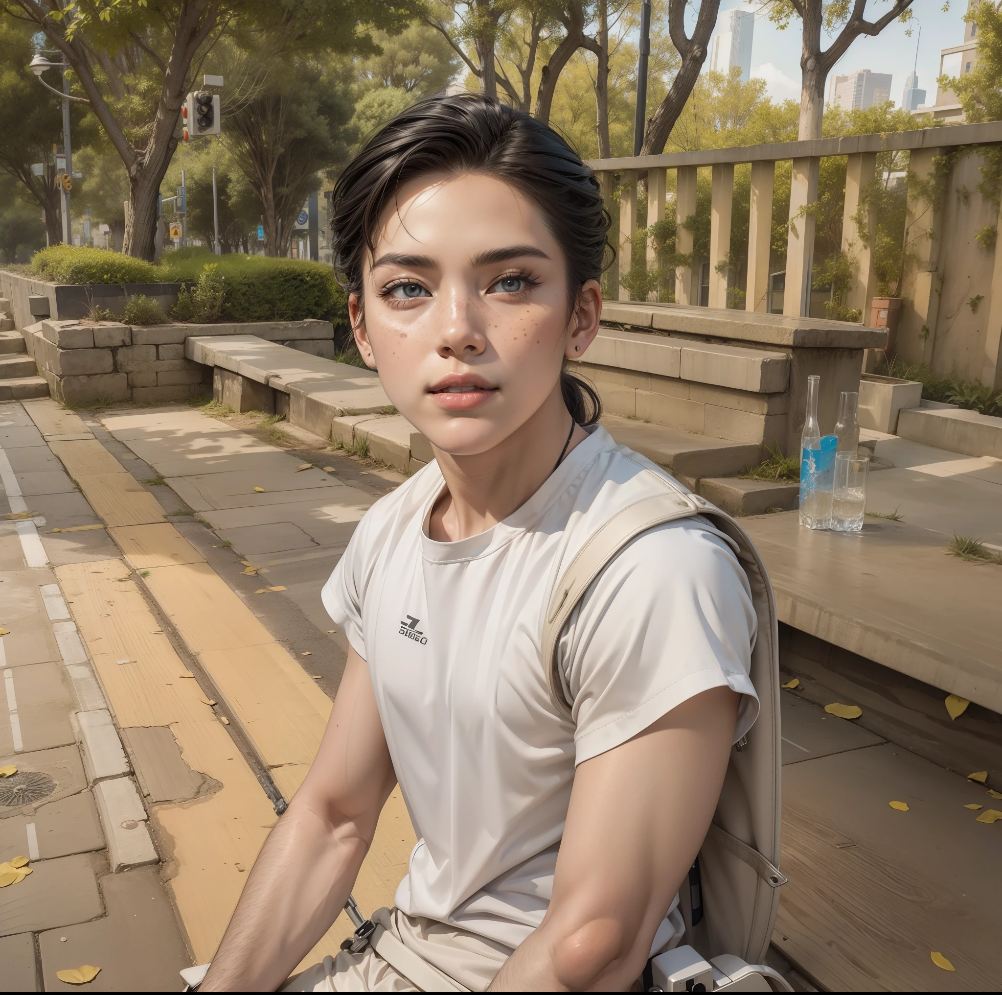 Street Fighter, proportioned body, Pale skin and freckles, With gray eyes, Delicate nose, Soft and delicate lips, Blonde hair, gray hair, horse tailed, Aviator glasses with clear yellow lenses, jaqueta de couro (White and black details), White sports bra, Black cargo pants with red side straps, Tactical belt, Holster with a pistol, Brown leather boots high barrel, hair in wind, Watch the city of Los Angeles lit up sideways in the evening while sitting on his futuristic motorcycle (Akira manga) on the roadside, attentive, looking at a city skyline. Neon signs and lampposts, dynamicposes, The pose of the model leaning on the bike, model shoot, A sweet smile, hdd, Fotorrealista 1:3, Solo 1:3, Professional cameras, tmasterpiece, an award winning photograph
