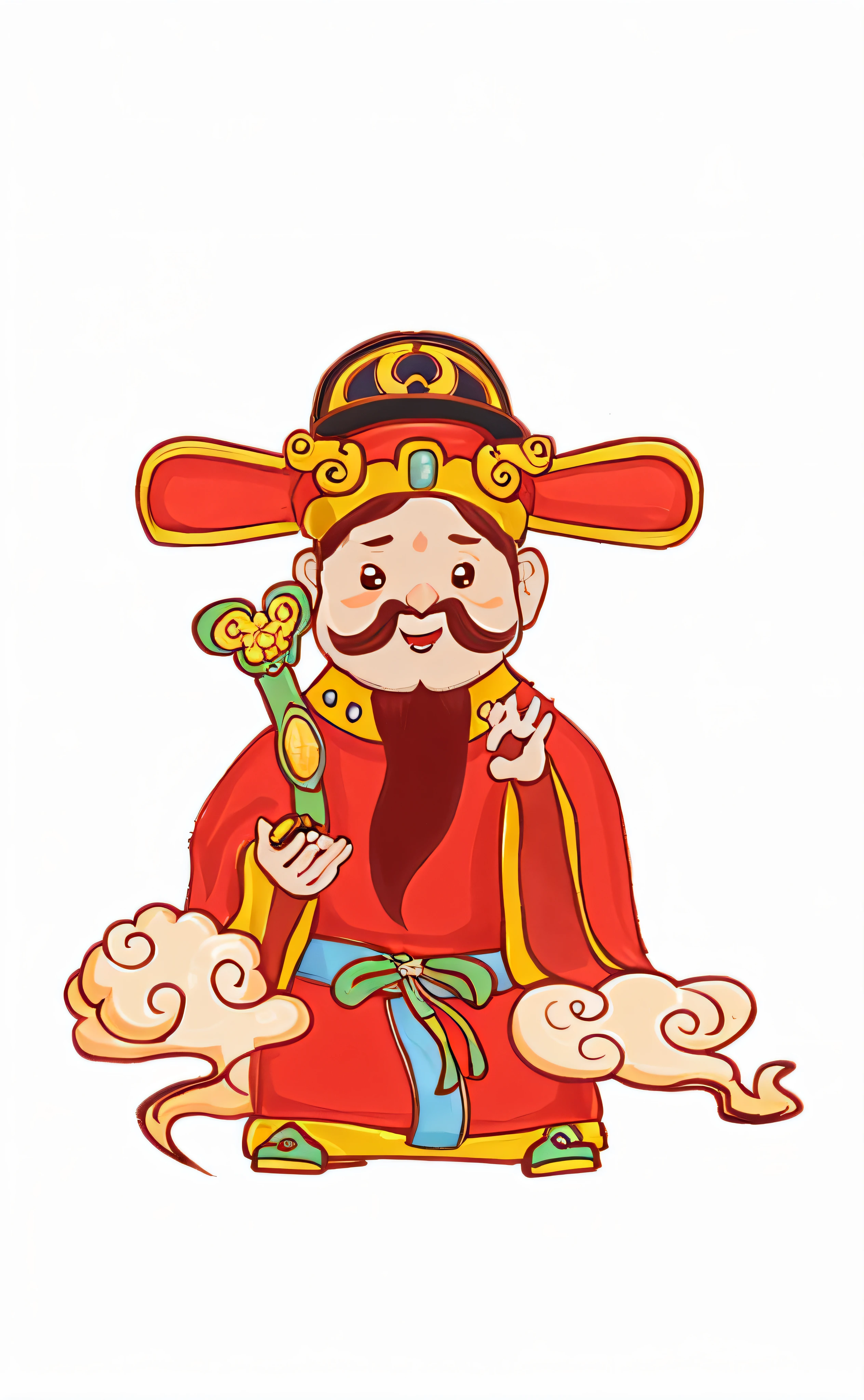 A manga of a man with a beard and a hat holding a jade ruyi, God of Wealth, Taoist priest, inspired by Pu Hua, Guan Yu, Zhigong, Taoist master, Chiba Xiongda, Chinese mythology, God of Wealth, inspired by Gong Xian