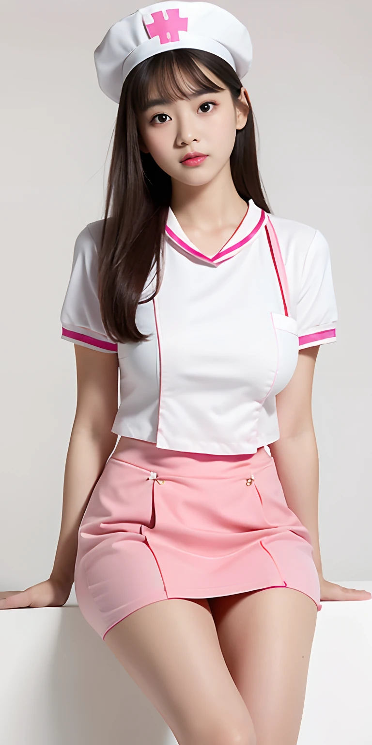 Queen style asian female face,Delicate facial features,prette,young 17 years old,Wearing pink nurse uniform、Fashionable short skirt,gossamer、M cup,huge tit,Nice black high heels,prette ,fully body photo,Sit Pose,Flaming red lips,Facing the camera squarely,Plain background、,Pink nurse hat、Highly detailed and high-resolution 16K images,Her legs should be long and white