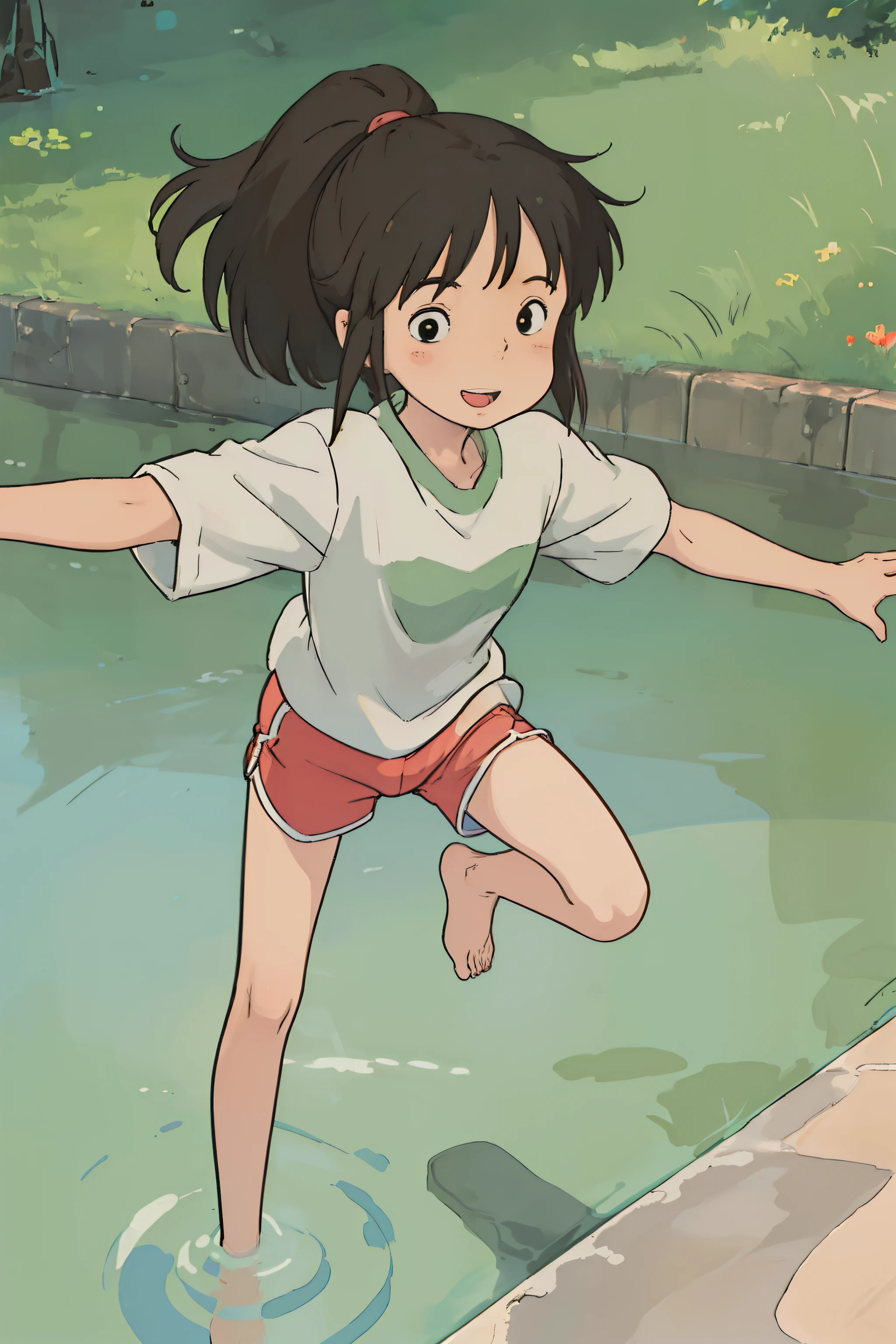 (masterpiece:1.4), (best qualit:1.4), (high resolution:1.4), ogino chihiro,jump, smile, ponytail, short arm shirt, red shorts, barefoot, railroad tracks, balancing, outstretched arms, water ,colorful, high contrast, no face behind