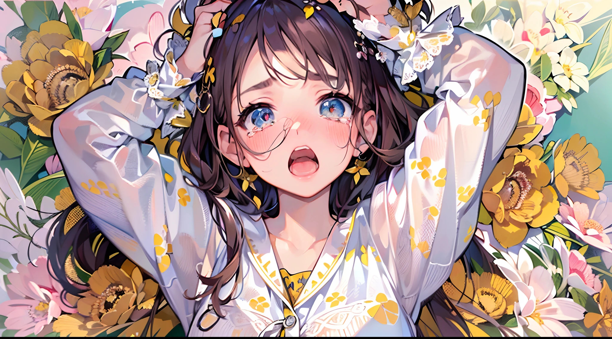 (Masterpiece, top quality, super detailed CG,ultra detailed beautiful face and eyes , super detailed, intricate details:1.2), 8k wallpapers, elaborate features,
(1 person, solo:1.4)perfect cartoon illustration,(1 person, solo:1.4)
(realistic textures:0.8), high res, cute, (vivid colors, dynamic lighting:1.0), (high contrast:0.8),
Young woman in a rage, pretty face violently flushed and trembling with anger, eyes full of tears, dressed in rough clothes (skirt and white blouse), arms straight down and hands clasped tightly, standing up straight, time is night,The place is her bedroom, whole body is in the illustration.