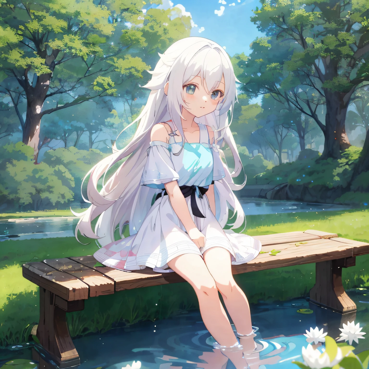 Anime girl sitting on a bench in park with pond, Perfect white haired girl, Girl with white hair, anime visual of a cute girl, Splash art anime Loli, Guviz-style artwork, beautiful fantasy anime, Smooth anime CG art, High Quality Anime Art Style, Anime girl with long hair, Beautiful anime girl, style of anime4 K