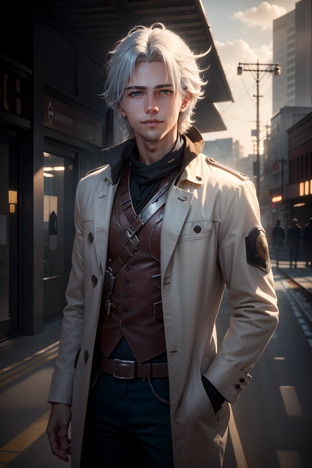 A young man stands in front of the station, silver hair, messy hair, gradient eyes, light smile, cowboy shot, cinematic lighting, UHD, textured skin, high details, HD