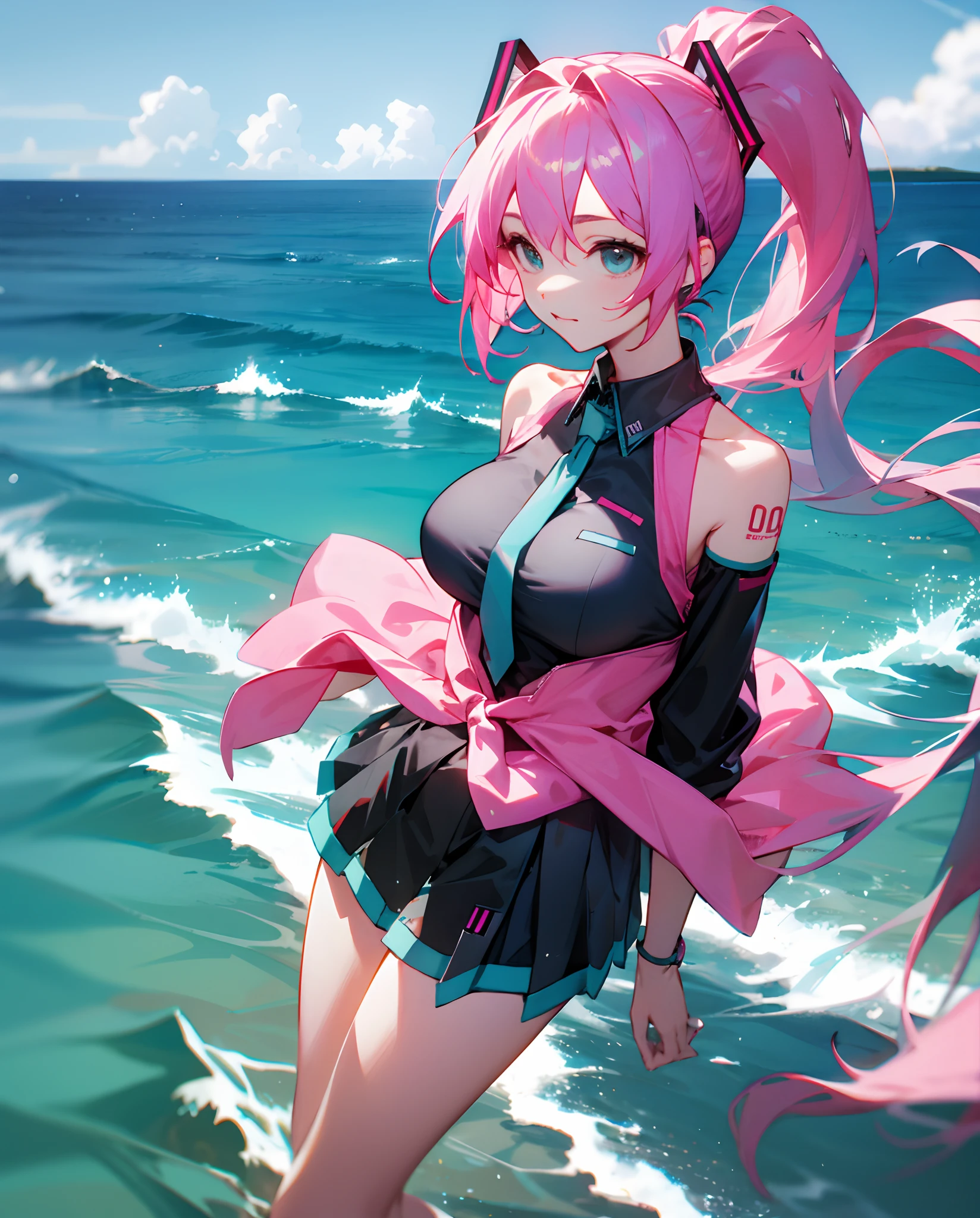 Big breasts Hatsune Miku，Pink hair double ponytail，The background is the ocean