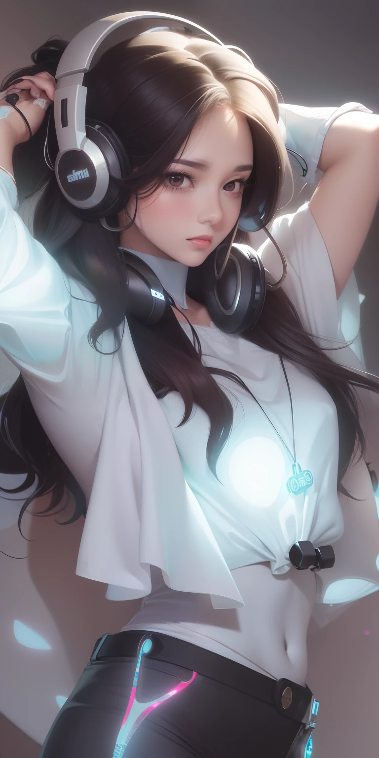 A woman with headphones and a white shirt on her head, Extremely detailed Artgerm, Guviz-style artwork, Style Artgerm, art-style, Artistic germ style, Art germ. anime illustration, Art germ. High detail, Guviz, seductive anime girls, like artgerm, Beautiful anime girl