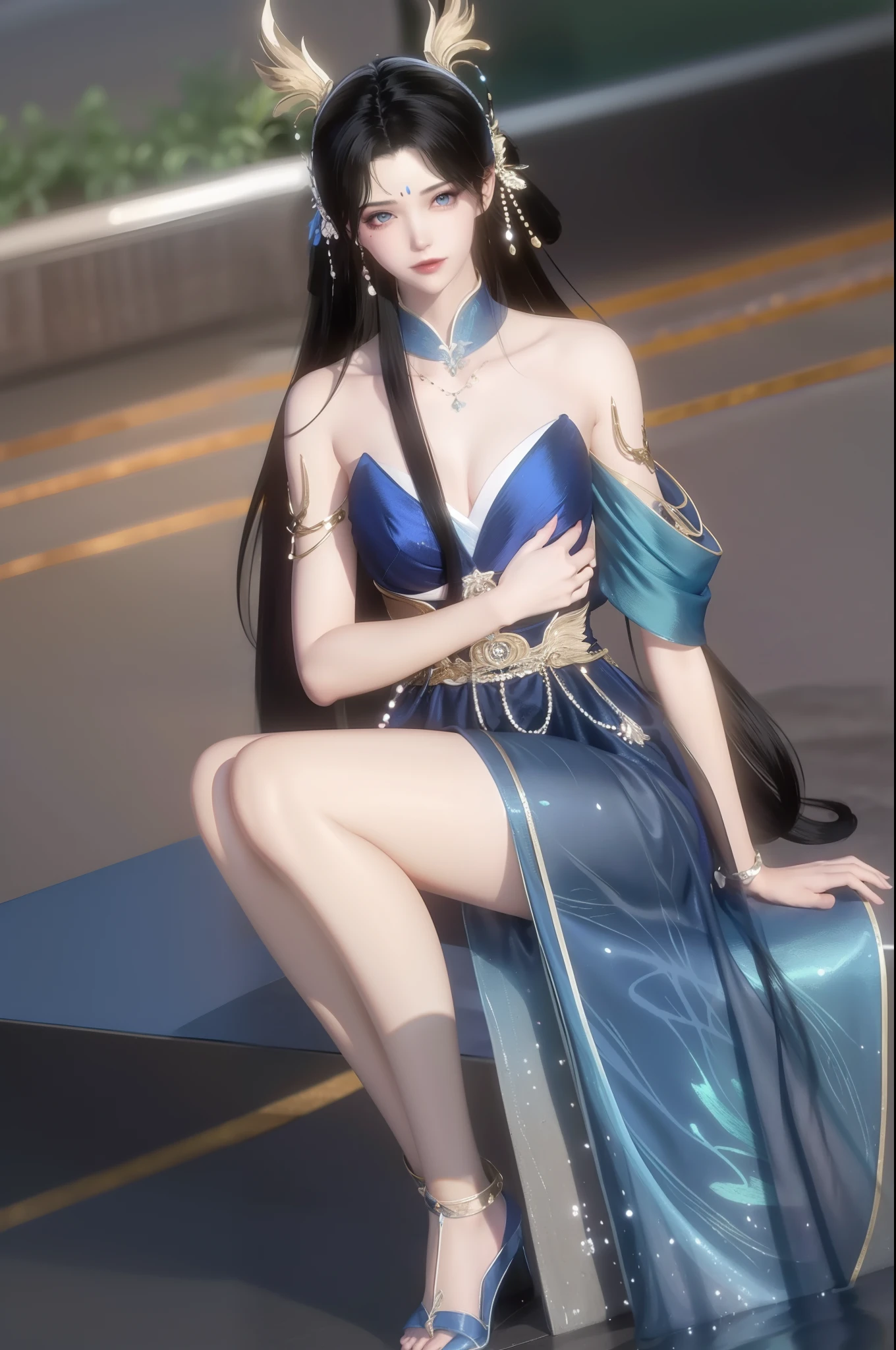 （best qualtiy，tmasterpiece：1.2），超高分辨率，realisticlying，Front lighting，Complicated details，Exquisitedetailsandtextures，（1girll），独奏，The upper part of the body，Blue Hanfu，Petal pattern，Nice big eyes，a blue dress，beauitful face，facing to audience，Streamers，gossamer，（年轻），Facial highlights，Detal Face，tear-mole，white skinned，Silvery hair，High ponytail，looking at viewert，largeeyes，（Openwork pattern），耳Nipple Ring，slimfigure，white backgrounid，correct hand，profesional lighting，photon maping，Radio City，physically-based renderingt