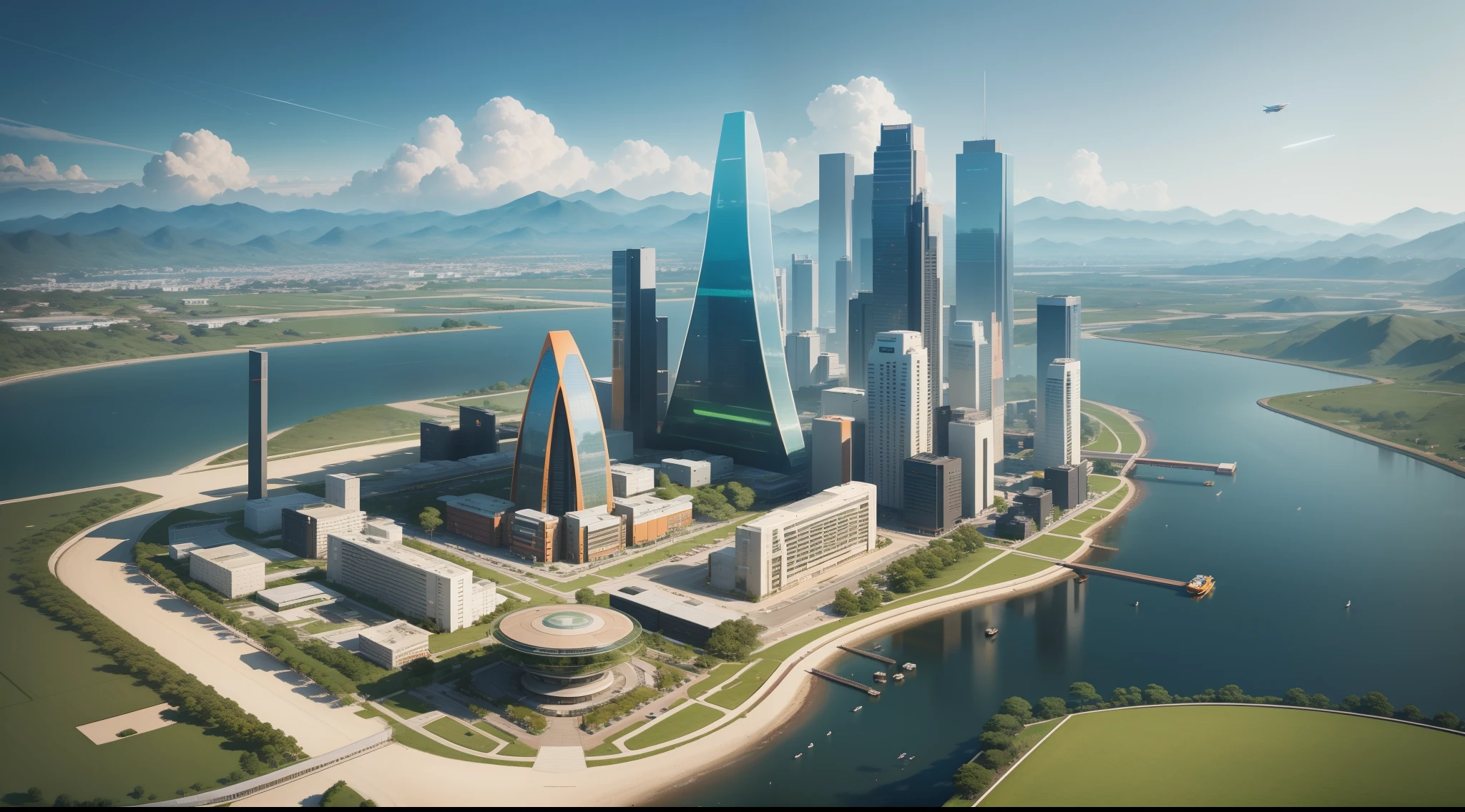 Aerial view of Genshin style,Tech City,Clear sky color, Crystal clear, Some orange plants and green trees, wide wide shot, Marvelous skyline, Many fast-flying cars, Giant planet background, Unreal Engine 5