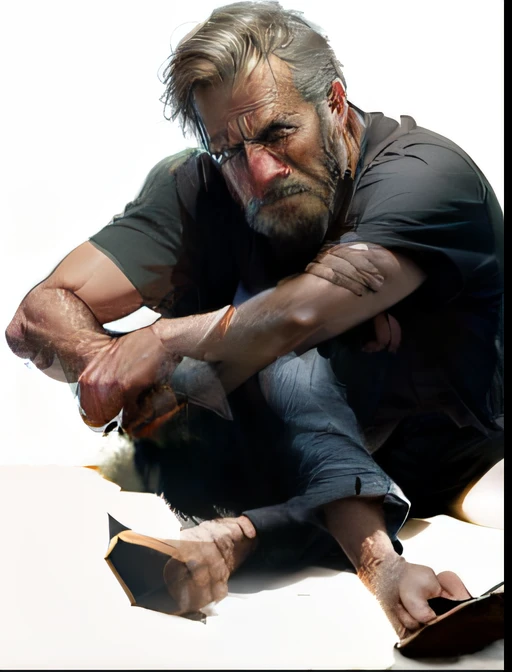 realistic looking face of a tried and weary man with a worried expression on his face