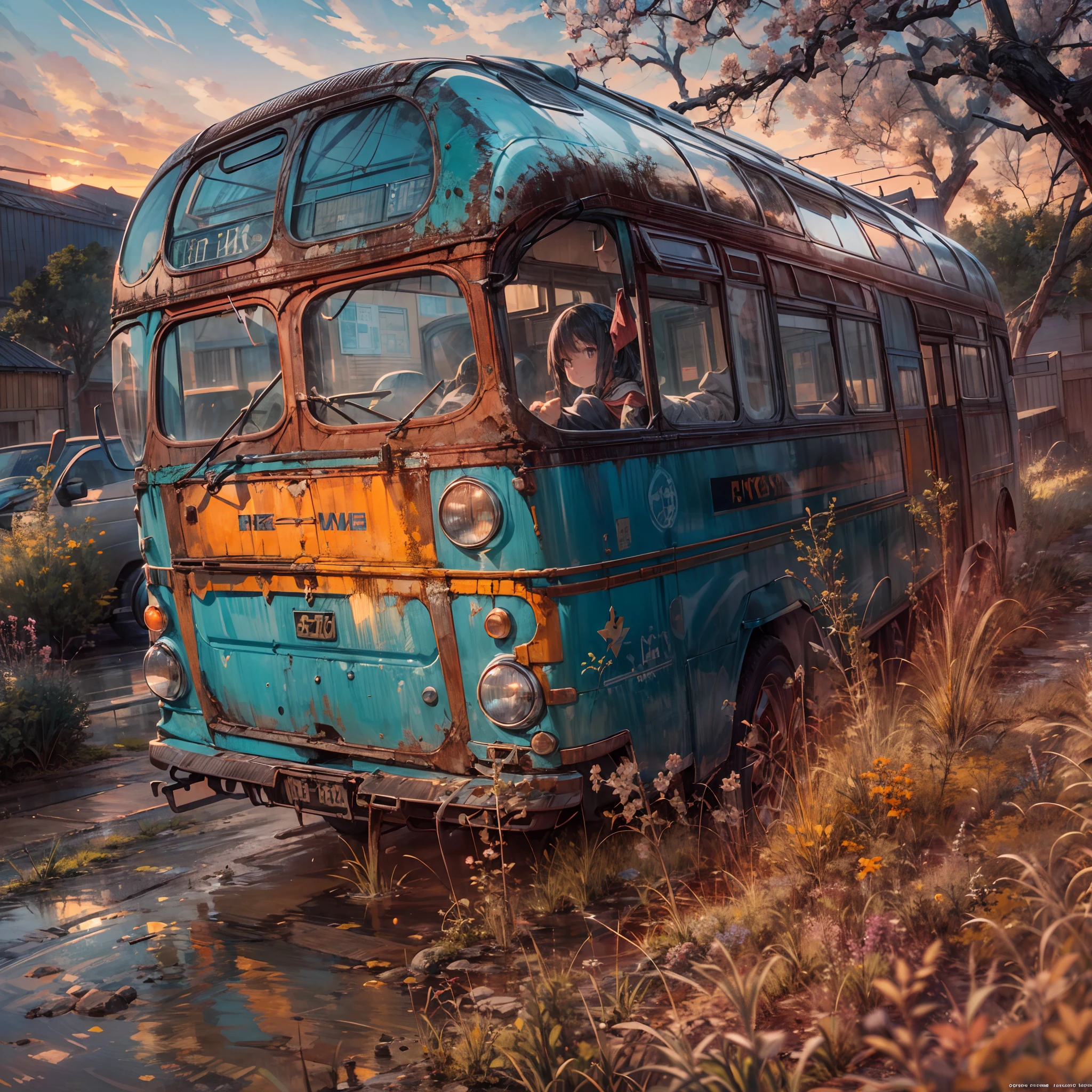 High Angle, Candid Establishing Shot, (well-loved vintage blue bus), object focus, dented metal and enamel flank, (soft pink orange sunset reflecting off glass and chassis), (traveling west in to sunset, away from viewer), vast landscape, sense of movement and journey, hope and resilience, masterpiece, masterwork, meticulous, intimate, nuanced, highest quality, highest fidelity, highest resolution, highres, highest detail, hyper-detailed, (detail enhancement), deeply detailed, uhd, hdr, fhd, 8k, 16k, 32k, 64k, caustics, subsurface scattering, High Dynamic Range, Dynamic Tone Mapping, [Specular reflection], [sub-pixel convolution],