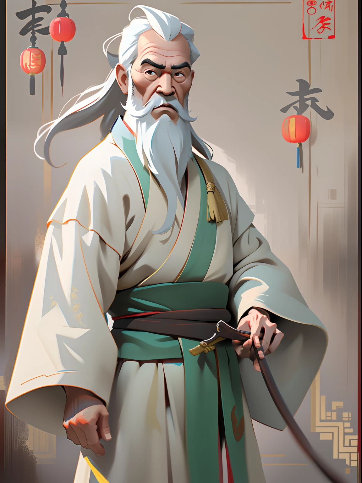 Chinese Ancient Times, An old man, Asian people,gray hair and beard, Black eyes,Thin body, Weakness of the body,standing on your feet, The background is a prison,Look at the camera with determined eyes, dressed white hanfu, There is no pattern,China-style, first person perspective, Masterpiece, ccurate, Anatomically correct, Super detail