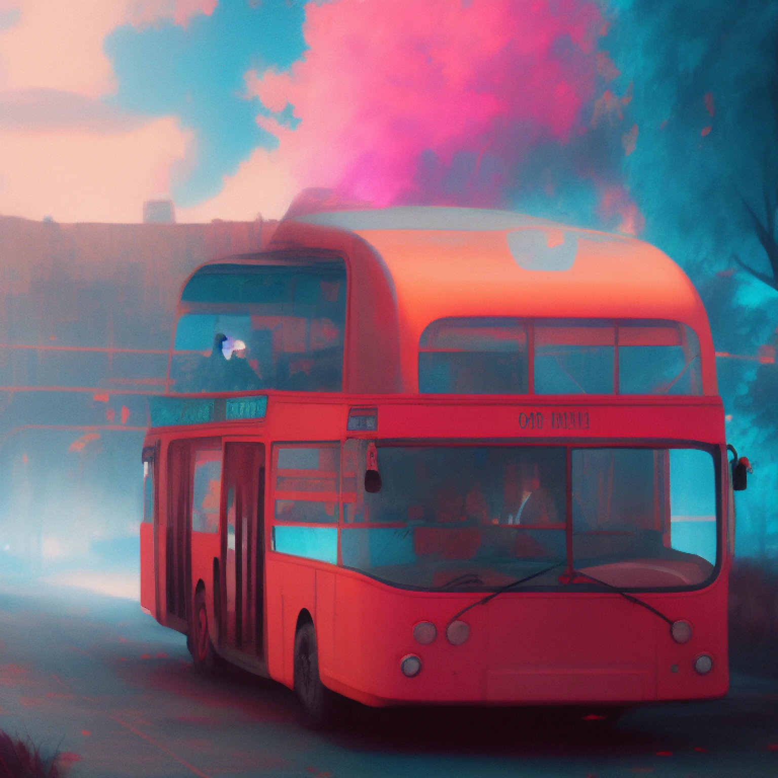 wtrcolor style, 
a bus journeys west,
the windshield flashing pink,
pink glancing off of metal,
brushing the dented flank
of blue, beat-up enamel