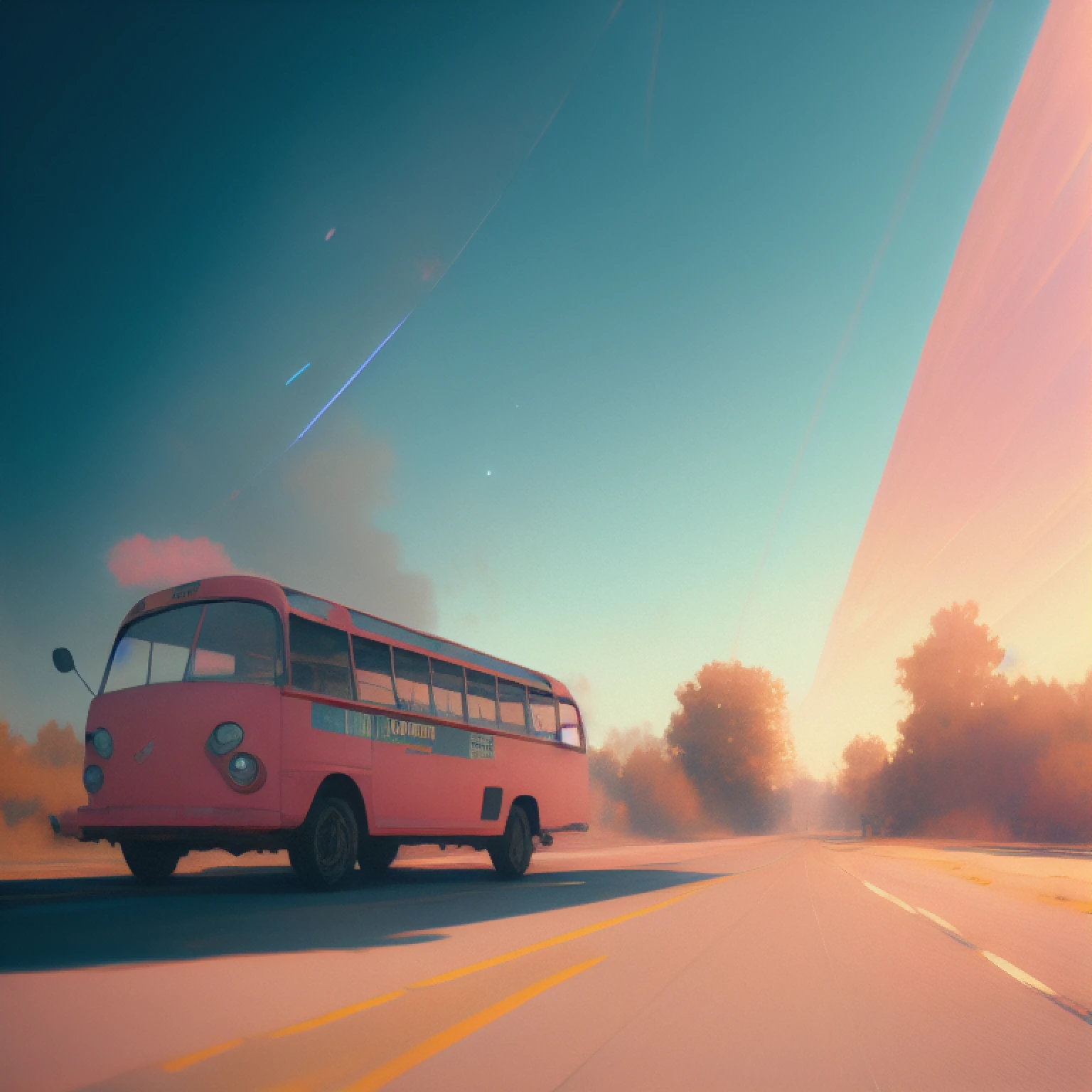 wtrcolor style, 
a bus journeys west,
the windshield flashing pink,
pink glancing off of metal,
brushing the dented flank
of blue, beat-up enamel
