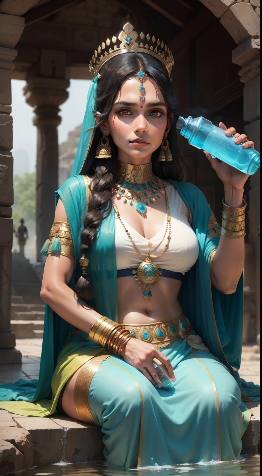 A ancient indian queen, holding bottle of a coloured water.