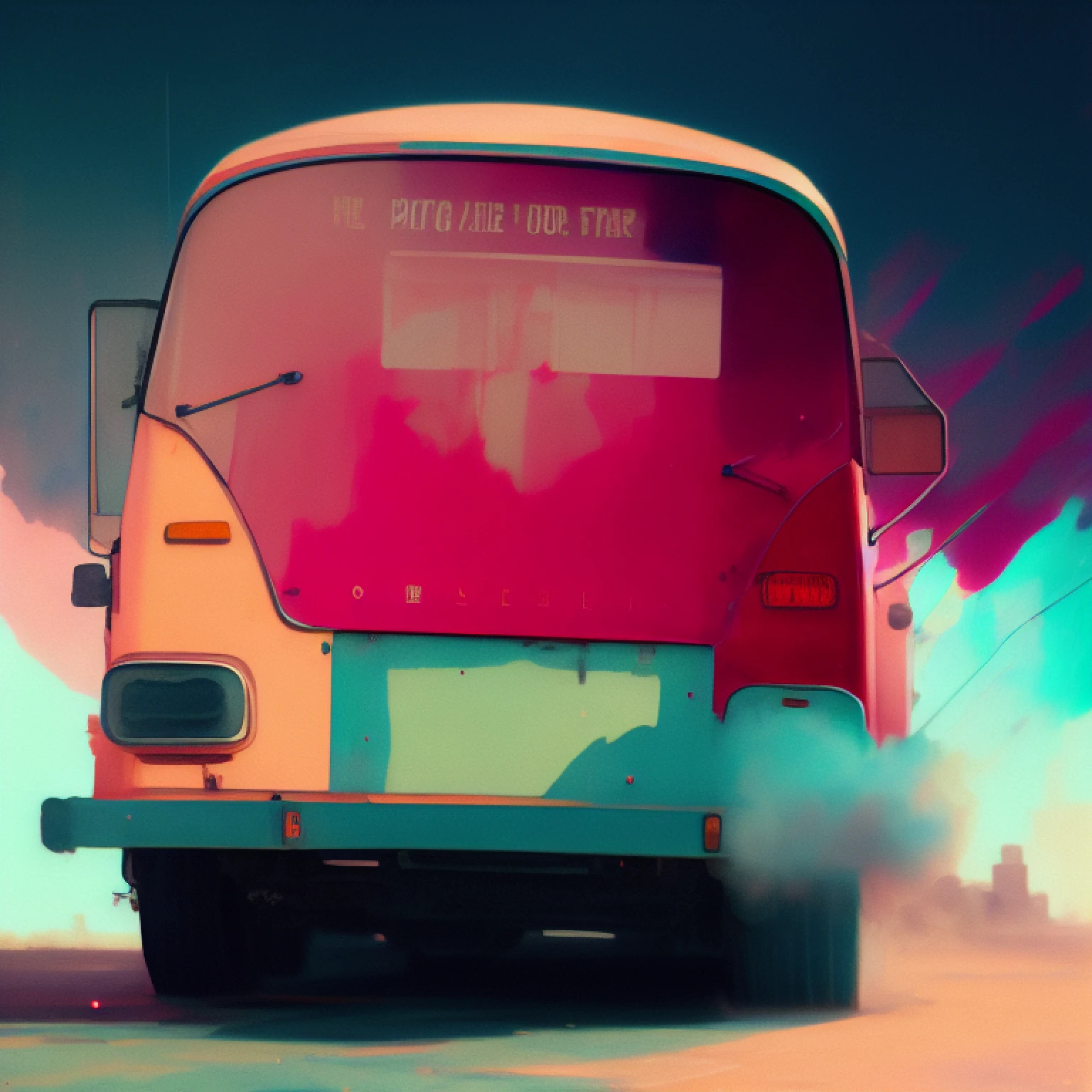 wtrcolor style,
a bus journeys west,
the windshield flashing pink,
pink glancing off of metal,
brushing the dented flank
of blue, beat-up enamel