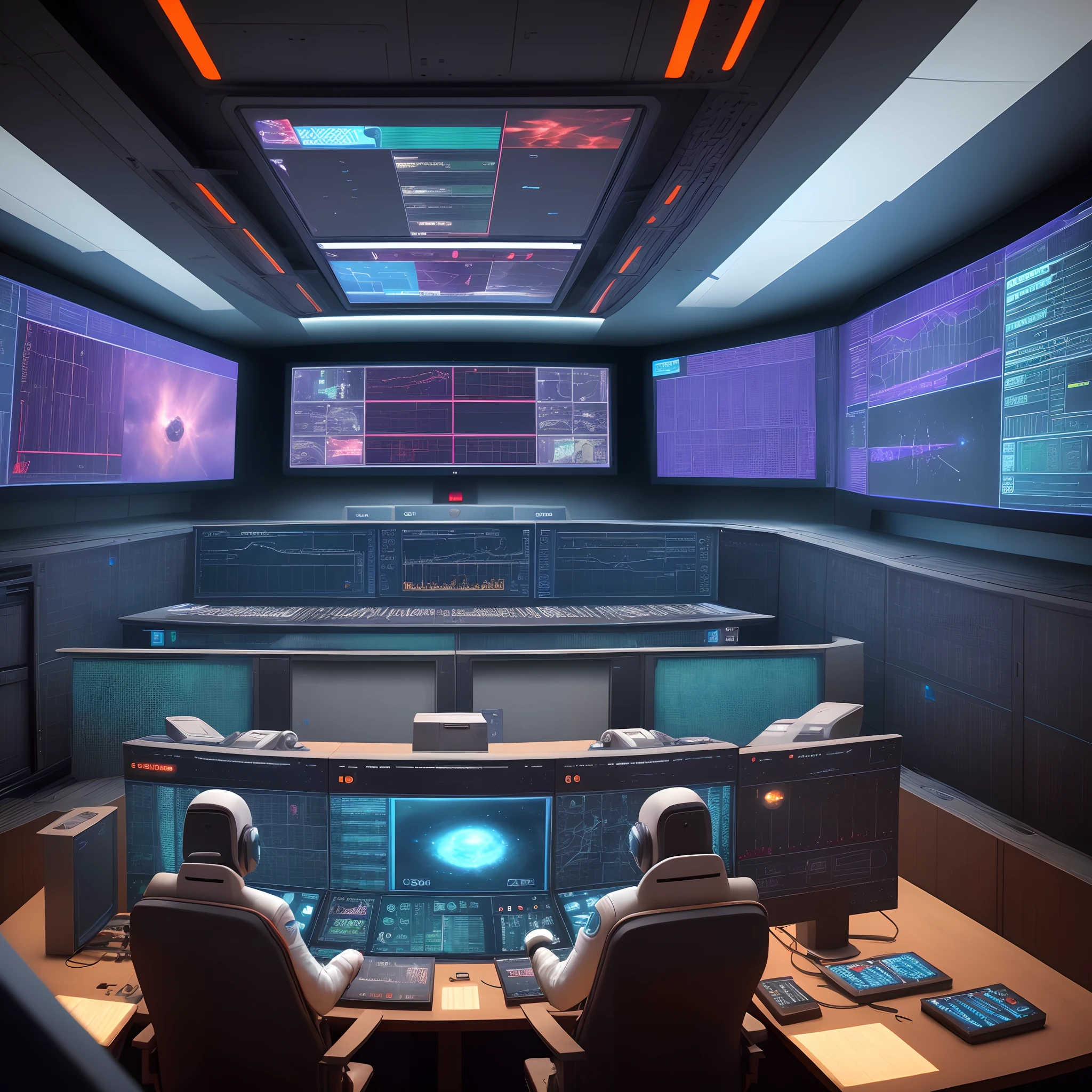 futuristic space battle ship control room with huge information screen and many console panels