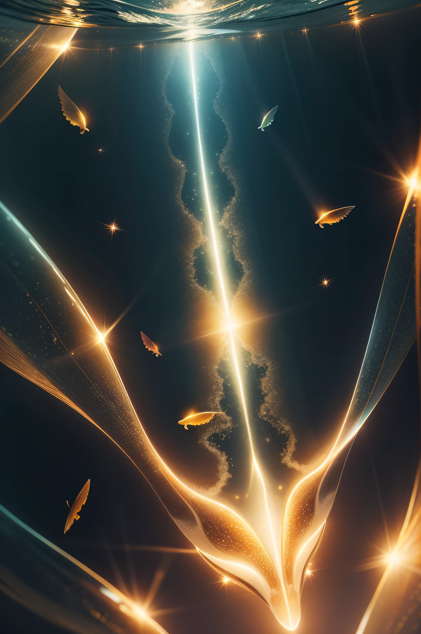Firefly texture,Dolphins with transparent bodies,Shining with golden light,Floating on the surface of the sea,Firefly effect:1.5,cleanness,nigth,Looking up at the crowd,Ultra-wide-angle picture,Ultra-clear image quality,Extremely detailed,Epic artwork