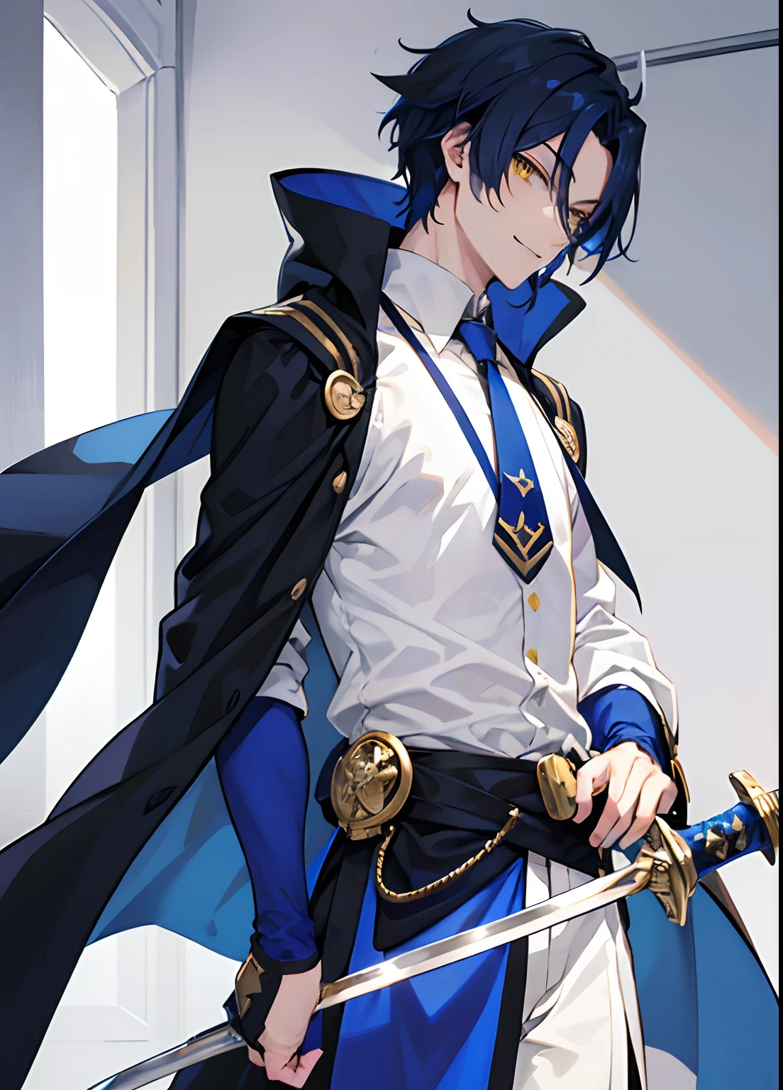1guy, Handsome man, Solo,darkblue hair, Dark blue hair、Smile, Underpants, up looking_で_viewer, ((masutepiece,Best Quality)), Beautiful detailed eyes, beautifull detailed face、Yellow eyes、Knightly attire、sword on waist、Longsword、a cool、Manteau、Dark blue cloak、Tie your hair at the shoulders、Drooping hair