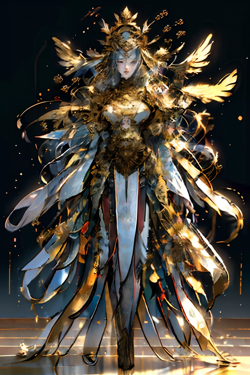 8K raw photo, Best quality, masterpiece, ultra high res, (zentangle, mandala, tangle, entangle),colorful,(photorealistic:1.4), raw photo, 1girl,tall female, skinny, slim_legs, solo,(perfect body shape),holy light,gold foil,gold leaf art,glitter drawing,(full body), ban