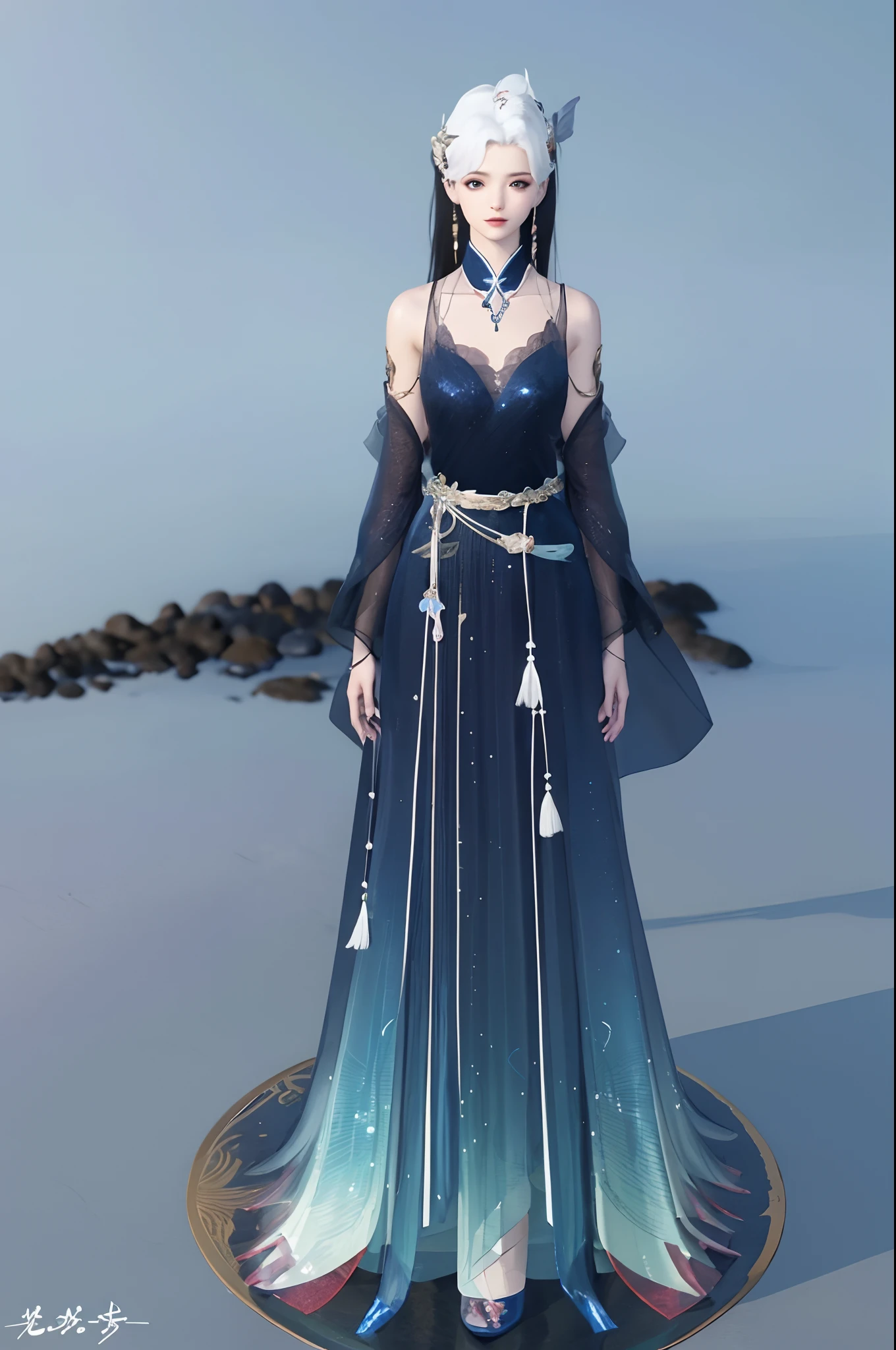 （best qualtiy，tmasterpiece：1.2），超高分辨率，realisticlying，Front lighting，Complicated details，Exquisitedetailsandtextures，（1girll），独奏，The upper part of the body，Blue Hanfu，Petal pattern，Nice big eyes，a blue dress，beauitful face，facing to audience，Streamers，gossamer，（年轻），Facial highlights，Detal Face，tear-mole，white skinned，Silvery hair，High ponytail，looking at viewert，largeeyes，（Openwork pattern），耳Nipple Ring，slimfigure，white backgrounid，correct hand，profesional lighting，photon maping，Radio City，physically-based renderingt