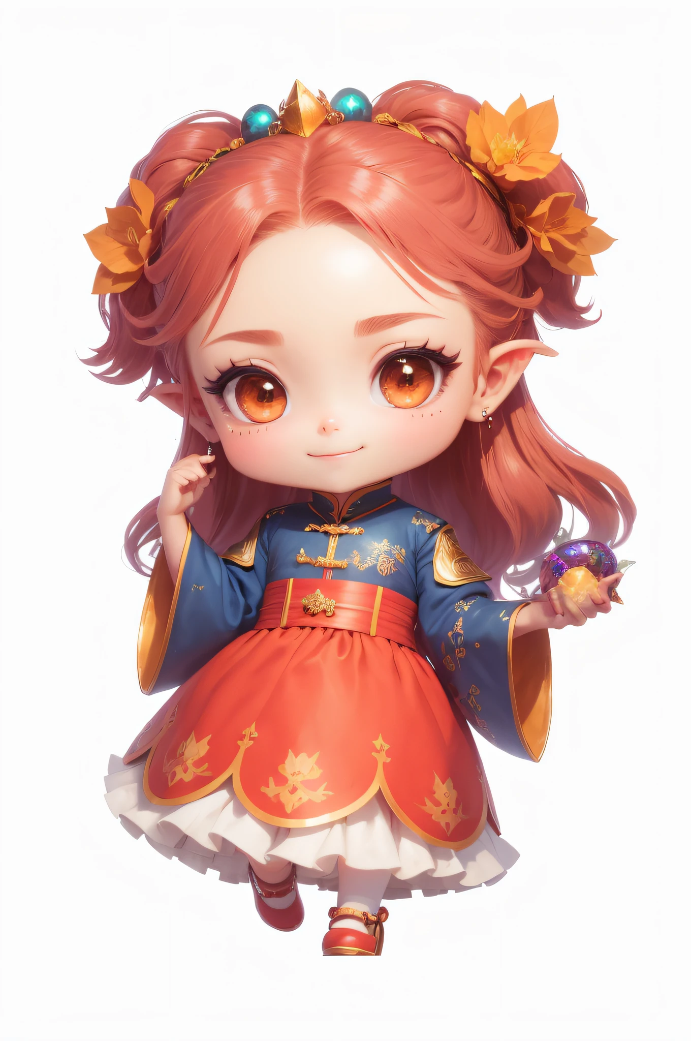 The head has a metal headband edge,(Metal edge 2.8)Earring jewelry,(Earring tassel 1.2),There are gemstones on the head,(Jewel 1.1),A princess,ssmile,Very cheerful,(elvish ears)spiky,voluminous hair(the detail),(The texture of the clothes is soft),