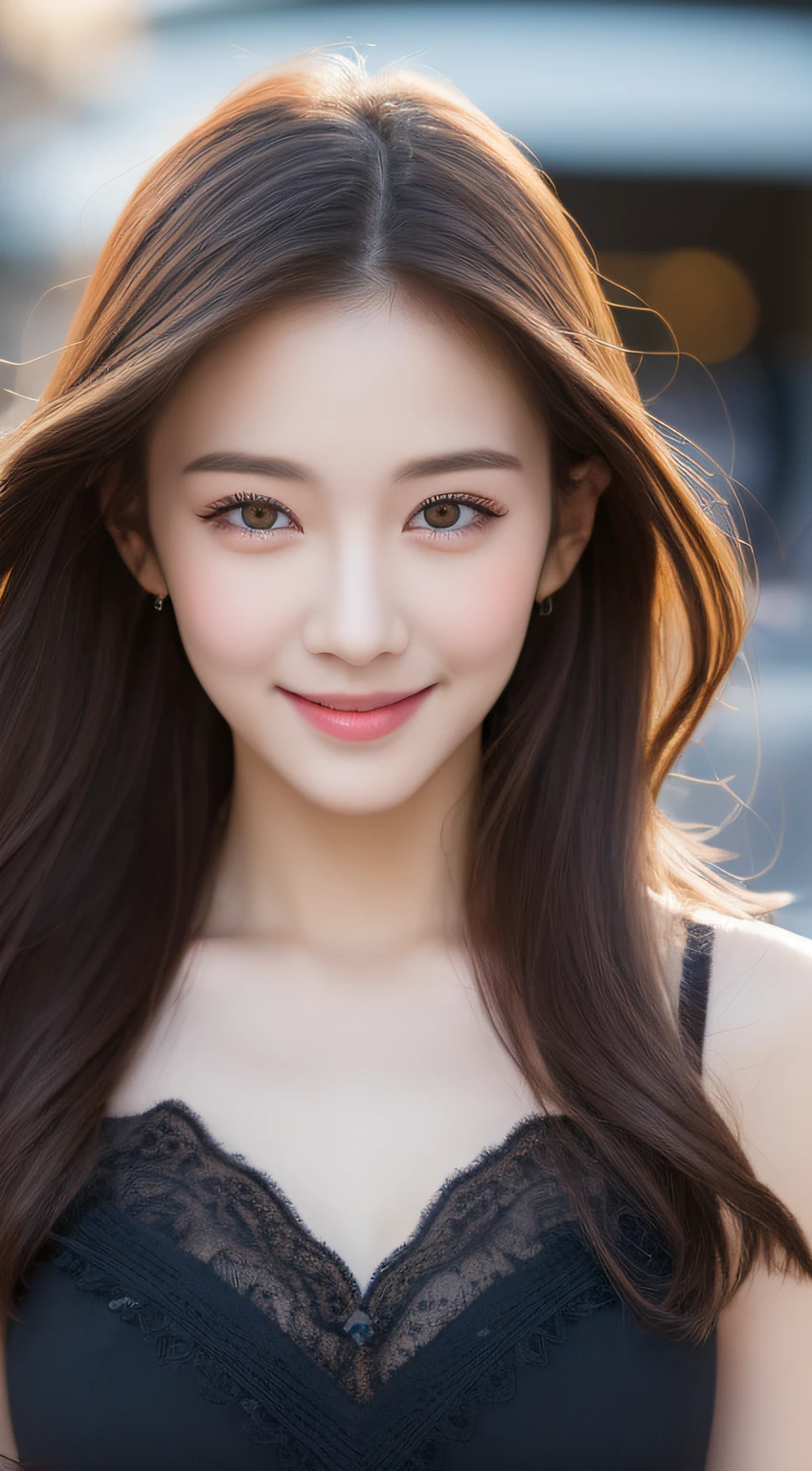 ((Best quality, 8k, Masterpiece :1.3)), 1girl, smiling, full body, slim face, Pretty woman, (Dark brown hair), full length dress :1.1, Ultra-detailed face, Detailed eyes, Double eyelid, blur background, slim face, city, outside, street,