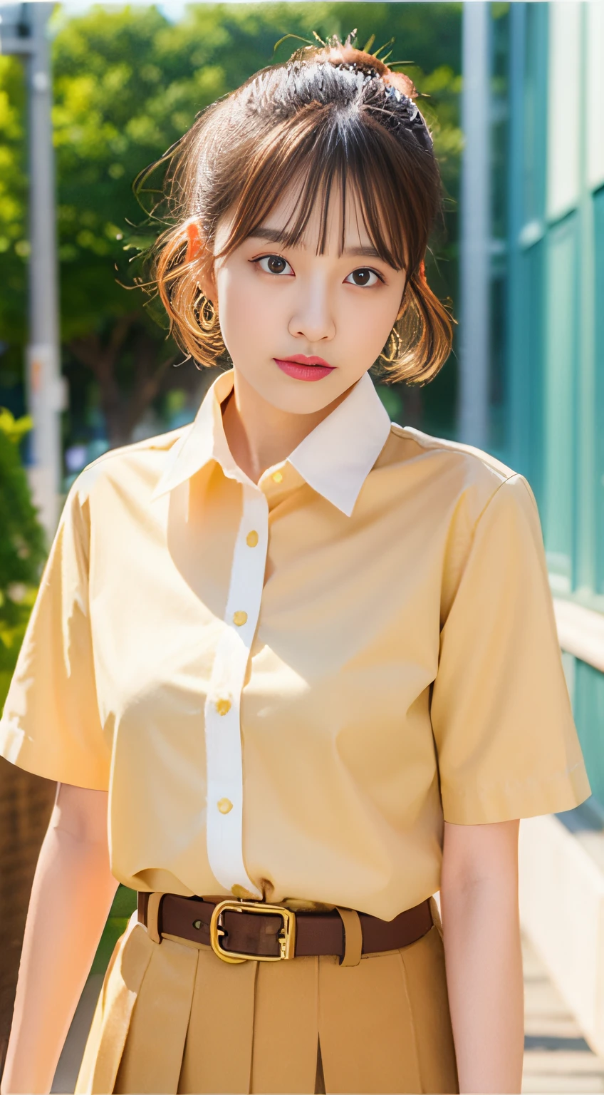 Shirt with white collar、Beige skirt