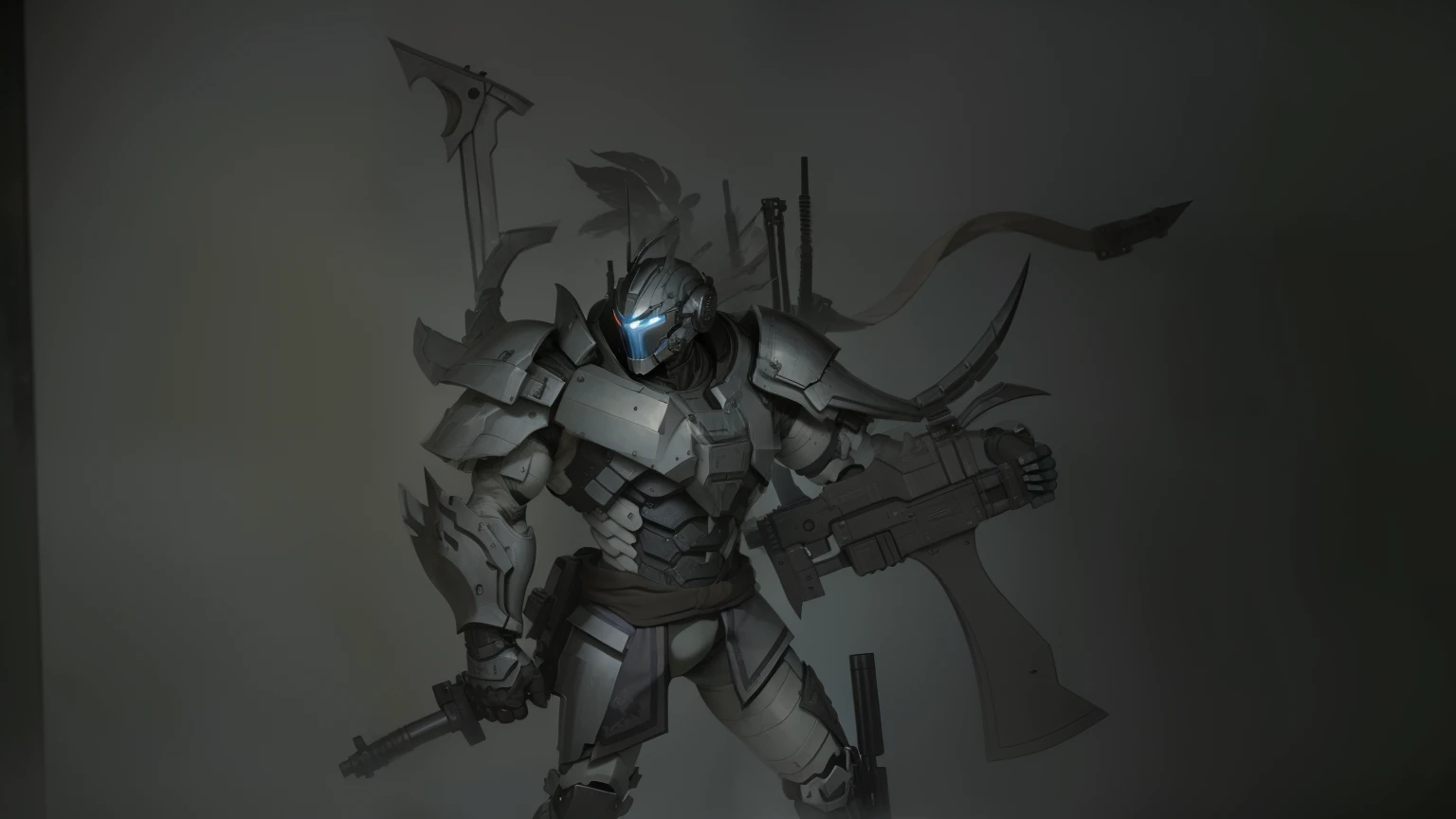 An armored warrior with several weapons on his body