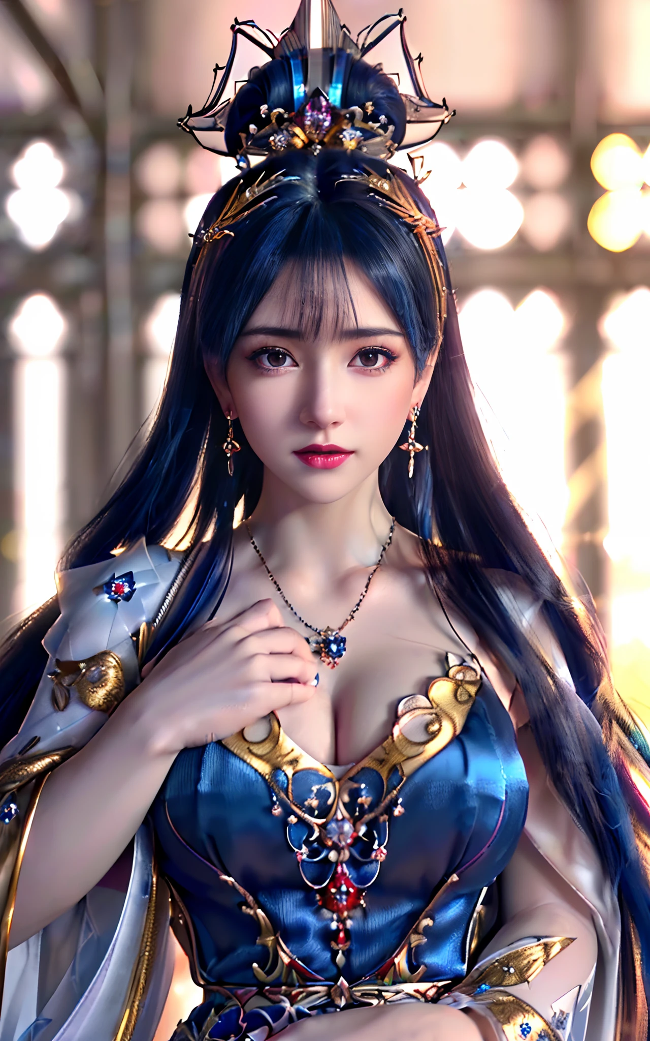 ((realisticity: 1.2)), ((realistic: 8K UHD)), ((best resolution: 8K UHD)), hyper detailed, best quality,masterpiece,highres,cg,
((1 hyper detailed and hyper realistic girl)), ((very beautiful queen dazzling, hyper realistic, and hyper detailed)),((white skin, beautiful, smooth, youthful, hyper realistic and hyper detailed
)), ((Hyper beautiful face, white, hyper realistic and hyper detailed)), long hair, ((hyper realistic and hyper detailed dress)), solo, ((hyper realistic, hyper beautiful, gorgeous and hyper detailed jewelry)), ((hyper beautiful, hyper realistic and hyper detailed dark red and golden yellow dress)),
((Hyper beautiful, hyper realistic, hyper detailed diamond filled earrings)),
((Hyper beautiful, hyper realistic and hyper detailed diamond filled hair ornament)), ((hyper beautiful upper body, hyper beautiful, hyper
realistic and hyper detailed)), ((big breasts: 2.5)),
((Hyper grand, hyper realistic and hyper detailed royal palace backgroun))
((Hyper beautiful, hyper beautiful, hyper realistic and hyper detailed hair bun)), ((hyper beautiful, hyper realistic and hyper detailed blue hair)),
candid, Photograph, high resolution, 8k,Bokeh,