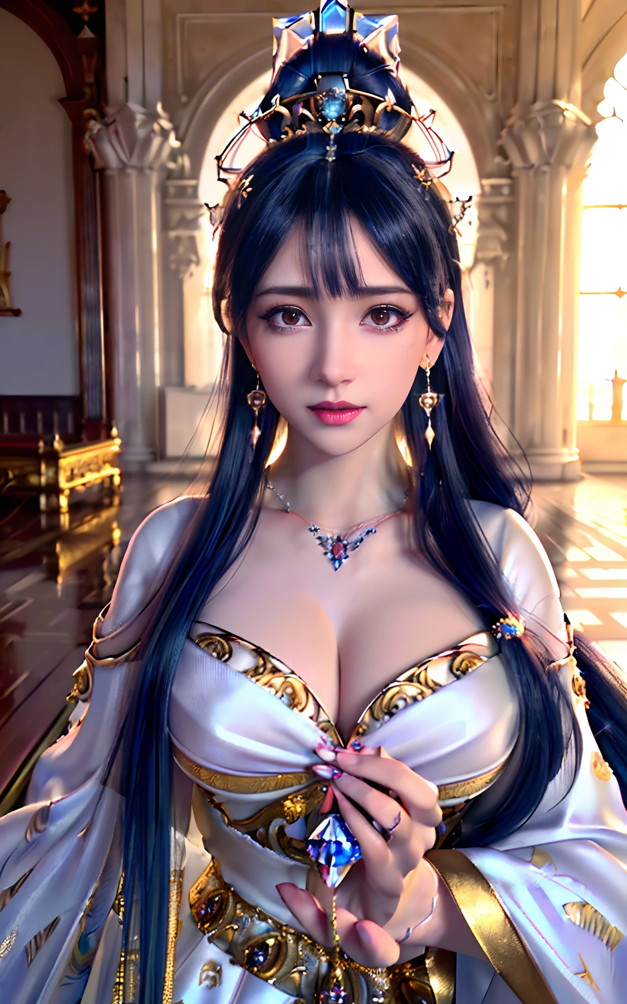 ((realisticity: 1.2)), ((realistic: 8K UHD)), ((best resolution: 8K UHD)), hyper detailed, best quality,masterpiece,highres,cg,
((1 hyper detailed and hyper realistic girl)), ((very beautiful queen dazzling, hyper realistic, and hyper detailed)),((white skin, beautiful, smooth, youthful, hyper realistic and hyper detailed
)), ((Hyper beautiful face, white, hyper realistic and hyper detailed)), long hair, ((hyper realistic and hyper detailed dress)), solo, ((hyper realistic, hyper beautiful, gorgeous and hyper detailed jewelry)), ((hyper beautiful, hyper realistic and hyper detailed dark red and golden yellow dress)),
((Hyper beautiful, hyper realistic, hyper detailed diamond filled earrings)),
((Hyper beautiful, hyper realistic and hyper detailed diamond filled hair ornament)), ((hyper beautiful upper body, hyper beautiful, hyper
realistic and hyper detailed)), ((big breasts: 2.5)),
((Hyper grand, hyper realistic and hyper detailed royal palace backgroun))
((Hyper beautiful, hyper beautiful, hyper realistic and hyper detailed hair bun)), ((hyper beautiful, hyper realistic and hyper detailed blue hair)),
candid, Photograph, high resolution, 8k,Bokeh,