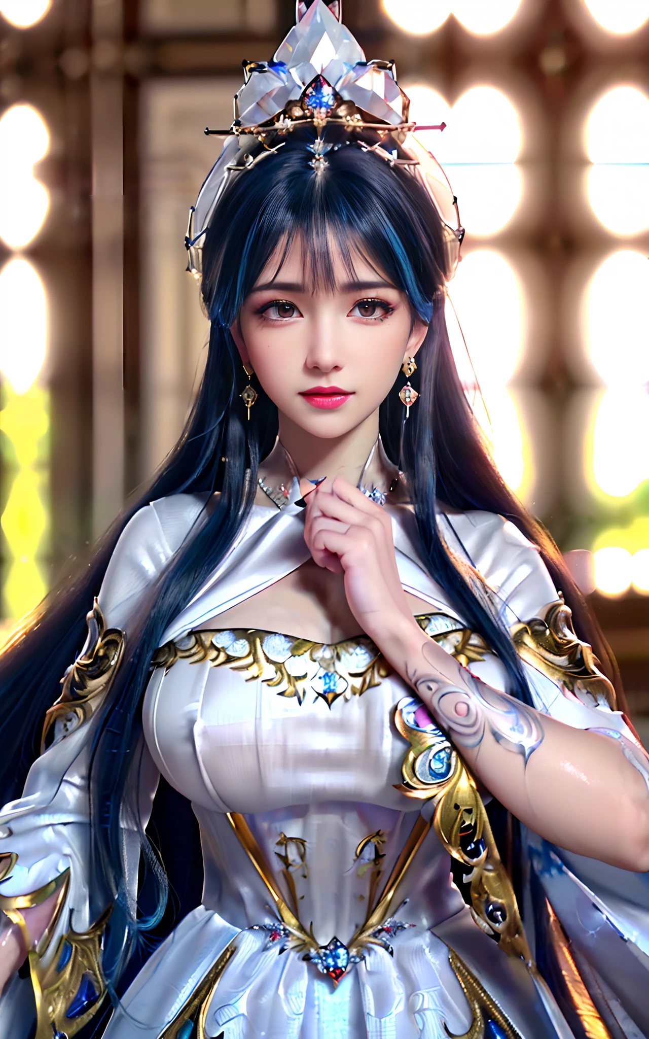 ((realisticity: 1.2)), ((realistic: 8K UHD)), ((best resolution: 8K UHD)), hyper detailed, best quality,masterpiece,highres,cg,
((1 hyper detailed and hyper realistic girl)), ((very beautiful queen dazzling, hyper realistic, and hyper detailed)),((white skin, beautiful, smooth, youthful, hyper realistic and hyper detailed
)), ((Hyper beautiful face, white, hyper realistic and hyper detailed)), long hair, ((hyper realistic and hyper detailed dress)), solo, ((hyper realistic, hyper beautiful, gorgeous and hyper detailed jewelry)), ((hyper beautiful, hyper realistic and hyper detailed dark red and golden yellow dress)),
((Hyper beautiful, hyper realistic, hyper detailed diamond filled earrings)),
  ((Hyper beautiful, hyper realistic and hyper detailed diamond filled hair ornament)), ((hyper beautiful upper body, hyper beautiful, hyper 
 realistic and hyper detailed)), ((big breasts: 2.5)), 
((Hyper grand, hyper realistic and hyper detailed royal palace backgroun))
((Hyper beautiful, hyper beautiful, hyper realistic and hyper detailed hair bun)), ((hyper beautiful, hyper realistic and hyper detailed blue hair)),
candid, Photograph, high resolution, 8k,Bokeh,