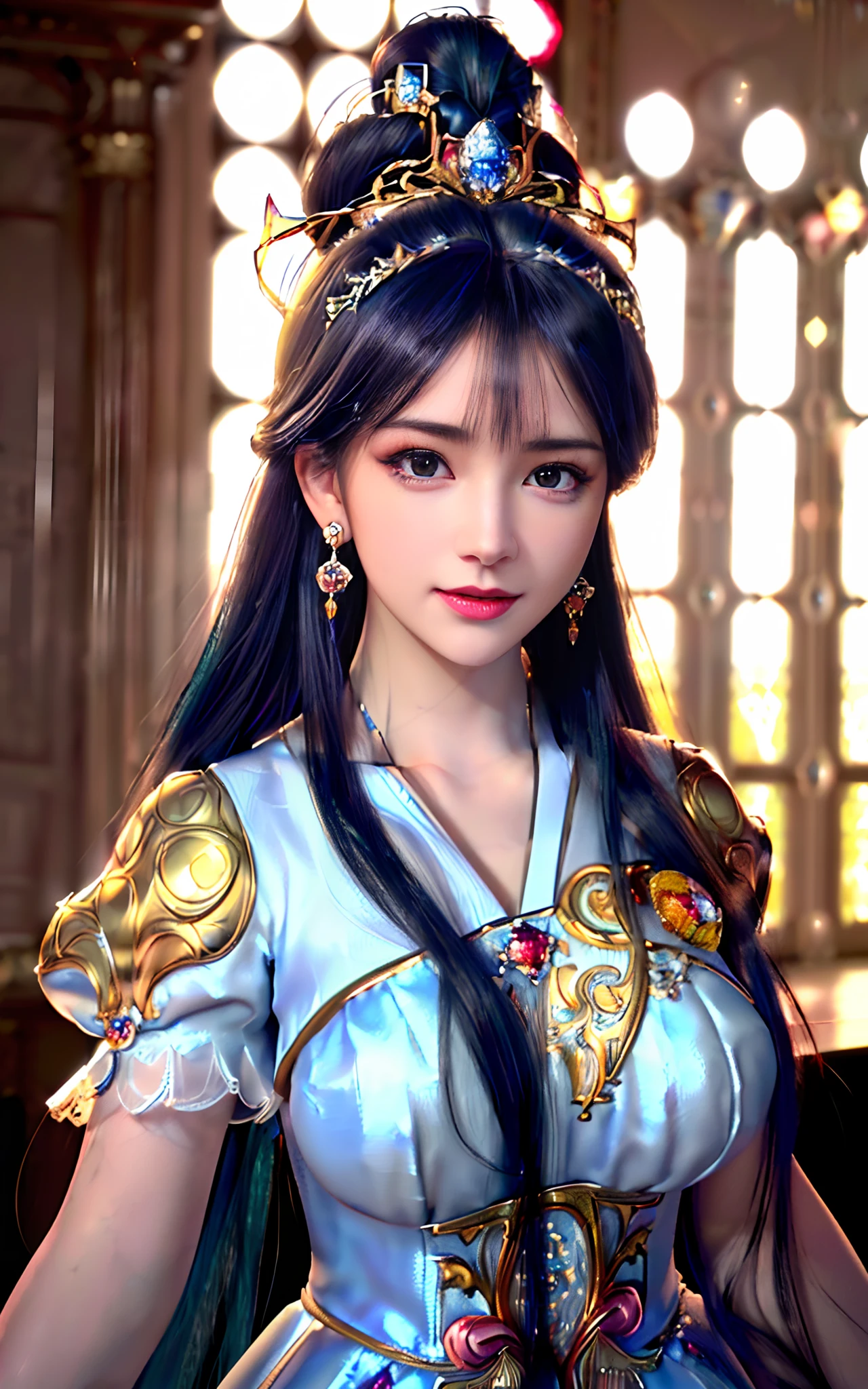 ((realisticity: 1.2)), ((realistic: 8K UHD)), ((best resolution: 8K UHD)), hyper detailed, best quality,masterpiece,highres,cg,
((1 hyper detailed and hyper realistic girl)), ((very beautiful queen dazzling, hyper realistic, and hyper detailed)),((white skin, beautiful, smooth, youthful, hyper realistic and hyper detailed
)), ((Hyper beautiful face, white, hyper realistic and hyper detailed)), long hair, ((hyper realistic and hyper detailed dress)), solo, ((hyper realistic, hyper beautiful, gorgeous and hyper detailed jewelry)), ((hyper beautiful, hyper realistic and hyper detailed dark red and golden yellow dress)),
((Hyper beautiful, hyper realistic, hyper detailed diamond filled earrings)),
((Hyper beautiful, hyper realistic and hyper detailed diamond filled hair ornament)), ((hyper beautiful upper body, hyper beautiful, hyper
realistic and hyper detailed)), ((big breasts: 2.5)),
((Hyper grand, hyper realistic and hyper detailed royal palace backgroun))
((Hyper beautiful, hyper beautiful, hyper realistic and hyper detailed hair bun)), ((hyper beautiful, hyper realistic and hyper detailed blue hair)),
candid, Photograph, high resolution, 8k,Bokeh,