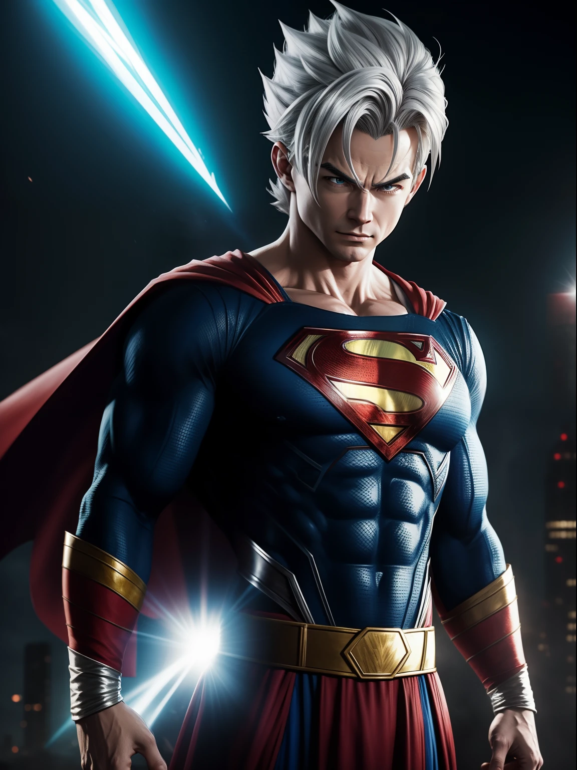 A gohan as a superman, silver hair, cinematic, extreem realistic, extreem detailed, extreem Sharp, full body shot