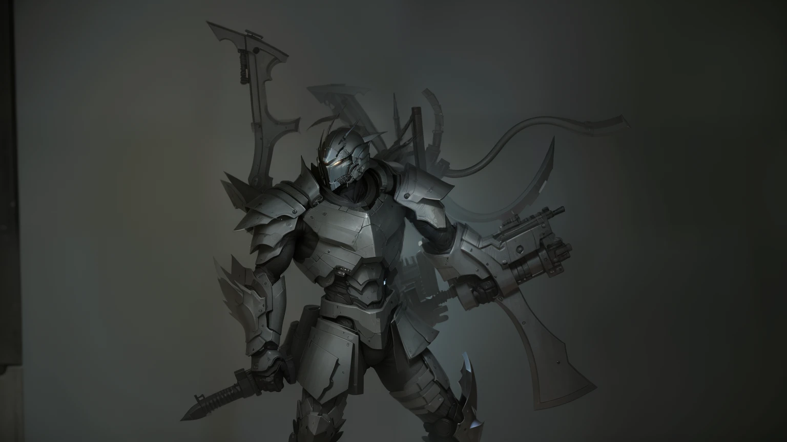 An armored warrior with several weapons on his body