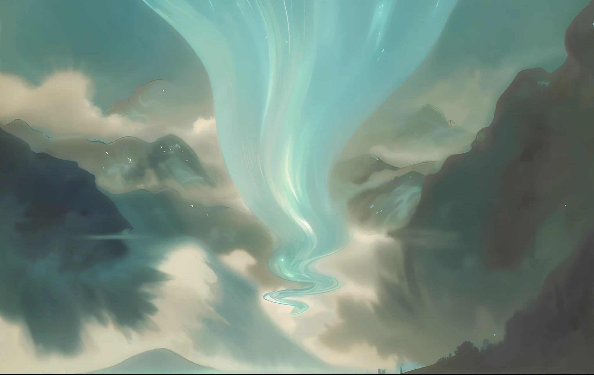 There are photos of water flowing in the valley, a still of an ethereal, glowing swirling mist, concept art magical highlight, Atmospheric anime, anime atmospheric, inspired by Sōami, ethereal eel, anime vfx, ethereal anime, dust kicked up, Ground fog vortex, animated still, emitting spore clouds,A river that glows white from the sky,Intricate details of Cyan Mountain,The picture has a texture overlay of straw paper,A landscape painting, author:Zao Wou-ki, art stations, the taoist temples of huangshan, Blue color scheme, Peacock in the desert, Long hair blue centered, angel sitting on a rock, “ aerial view of a mountain, Chaotic composition, ravine,Azure:3,Grass paper texture:2
