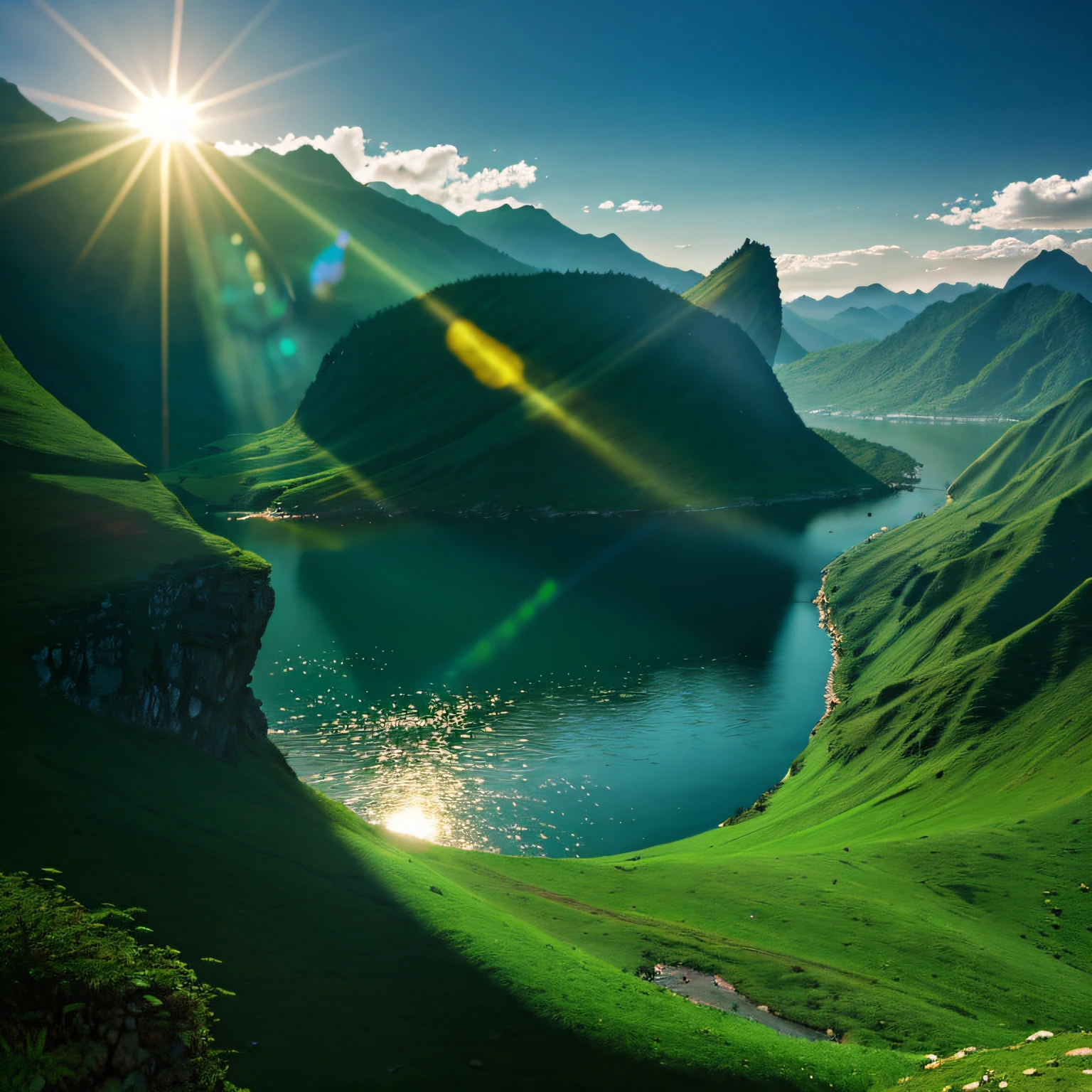 Mountains, mountain water, brightened light, rios, lindo cenario, (tmasterpiece:1,2), Best quality, tmasterpiece, A high resolution, Original, super detailing, extremelydetailedwallpaper, perfect lights, (Extremely detailed CG:1.2)