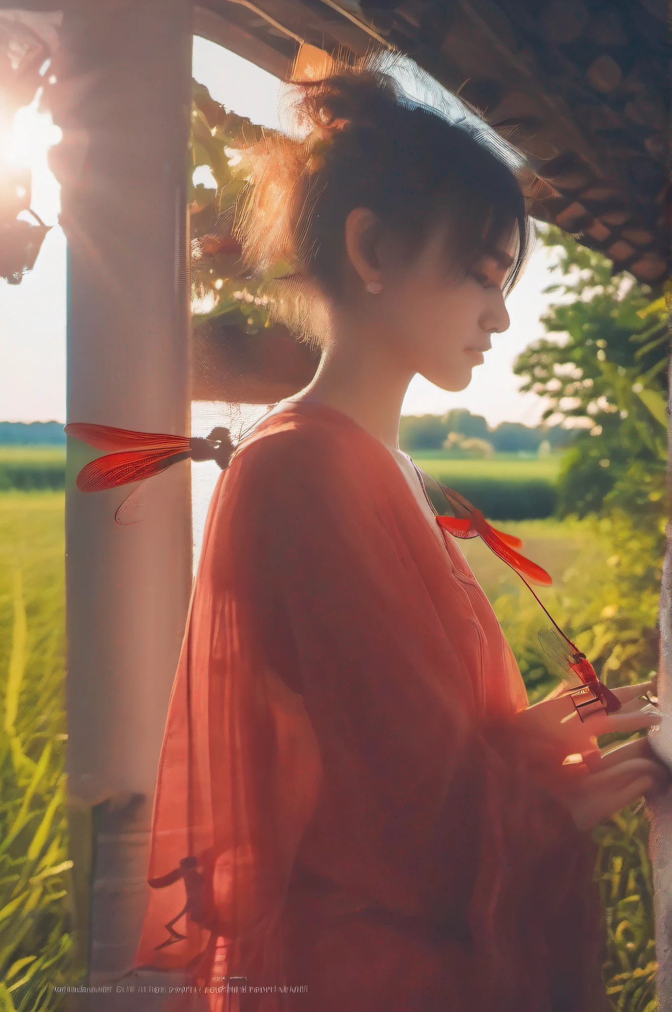 A red dragonfly is perched on the fingers of a beautiful girl、Beautiful countryside sunset,,full body,short hair,blue eyes,undressed
