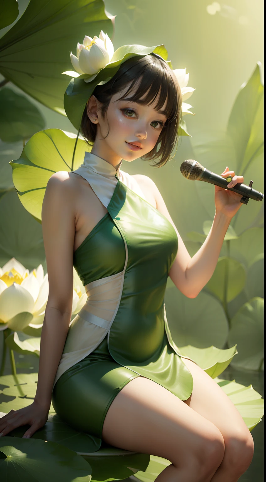 Beautiful girl sitting on lotus leaf singing,Large lotus leaves as the background,ssmile,holding microphone in hand,Wearing a gauze dress,Light green background,Minimalist style