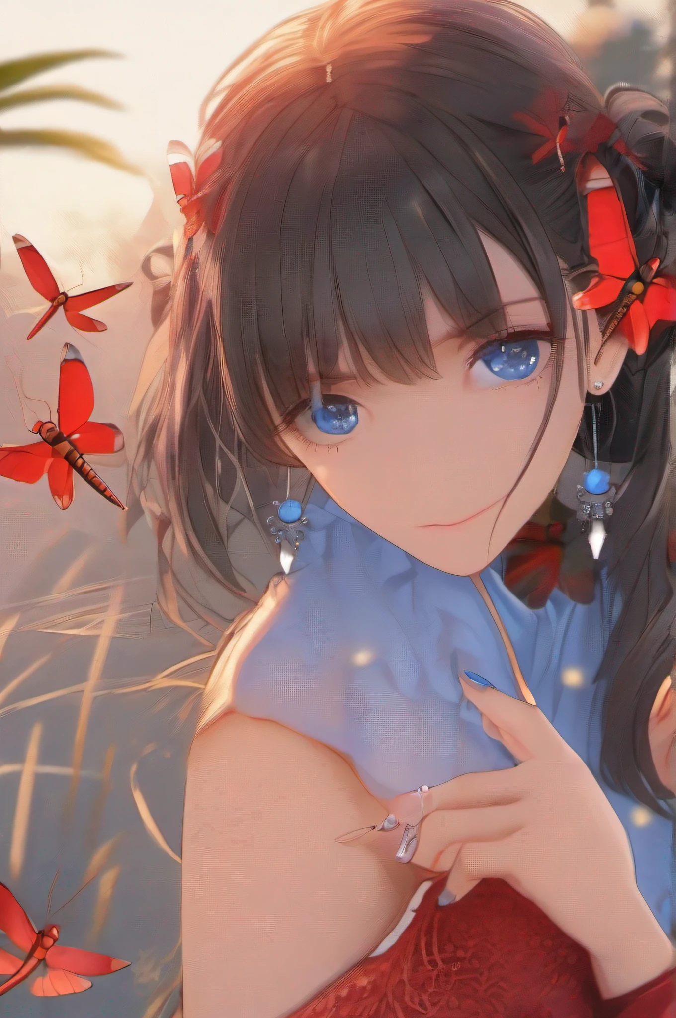 A red dragonfly is perched on the fingers of a beautiful girl、Beautiful countryside sunset,14yo,full body,short hair,blue eyes,undressed