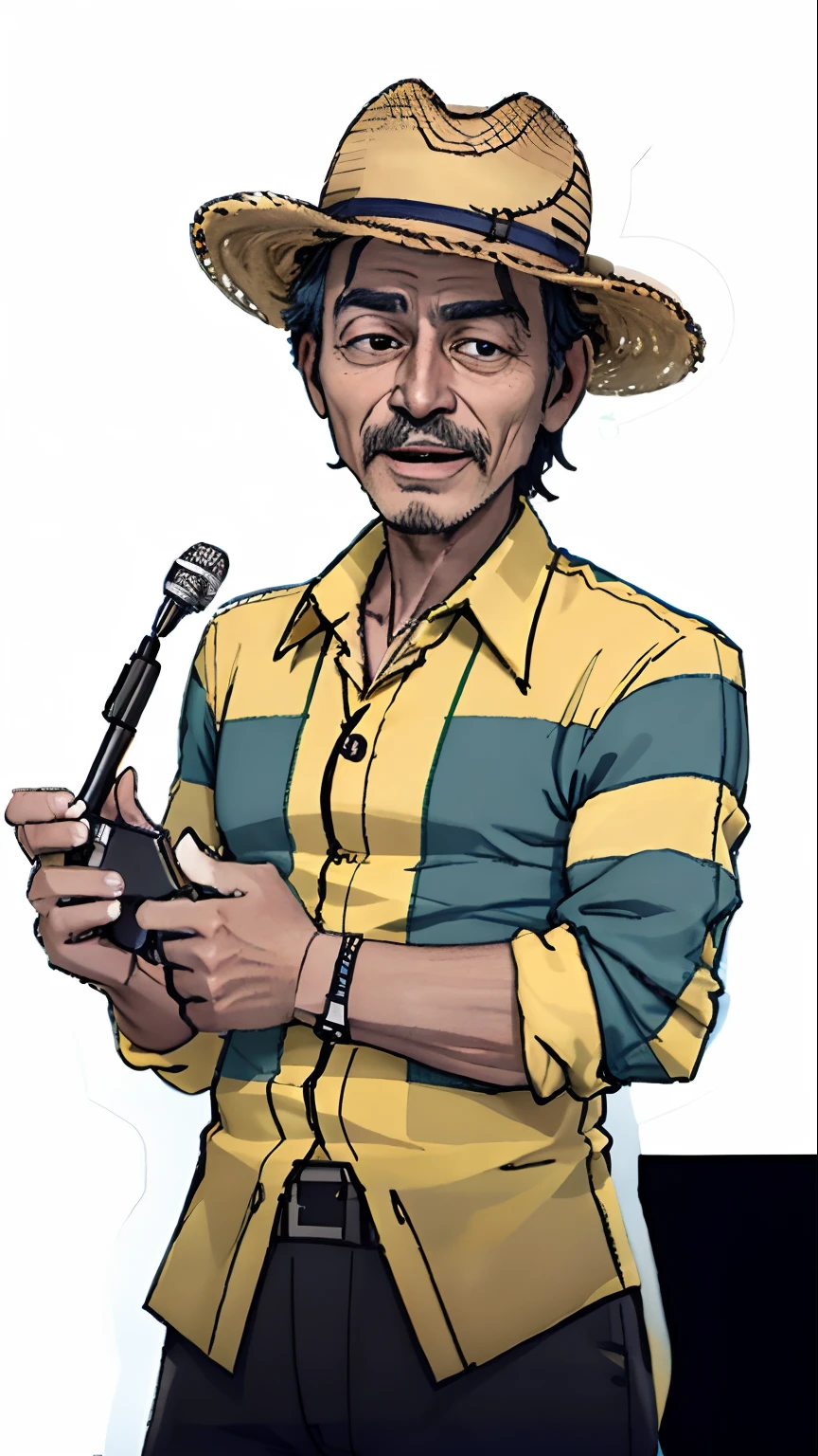（SFW），52 years old，man，radio studio，Speak into the microphone，striped shirt outfit long sleeve straw hat，perfectquality，Clear focus，extremely colorful，Perfect face，complexdetails，White background，frontage