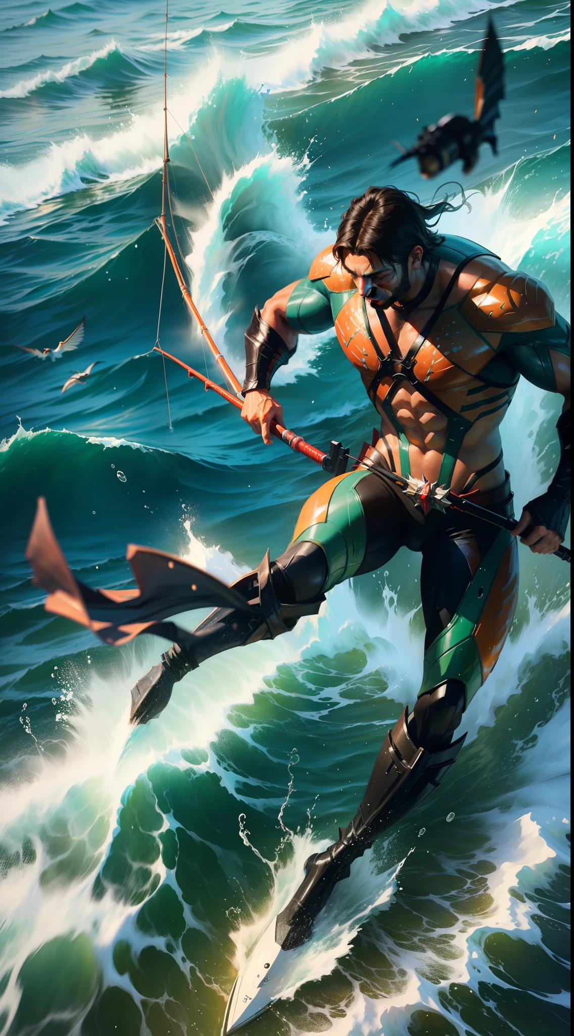 A fisherman who looks like Aquaman is dressed in a cyberpunk mech costume and floats on a boat drifting in the beautiful ocean，wearing elegant outfits。Hold a fishing rod