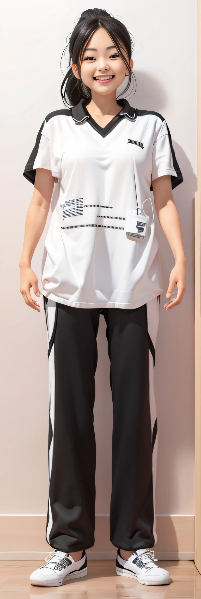 A female high school student,The expression is sunny and warm,White loose T-shirt,Black loose sweatpants,Black and white shoes,With a ponytail