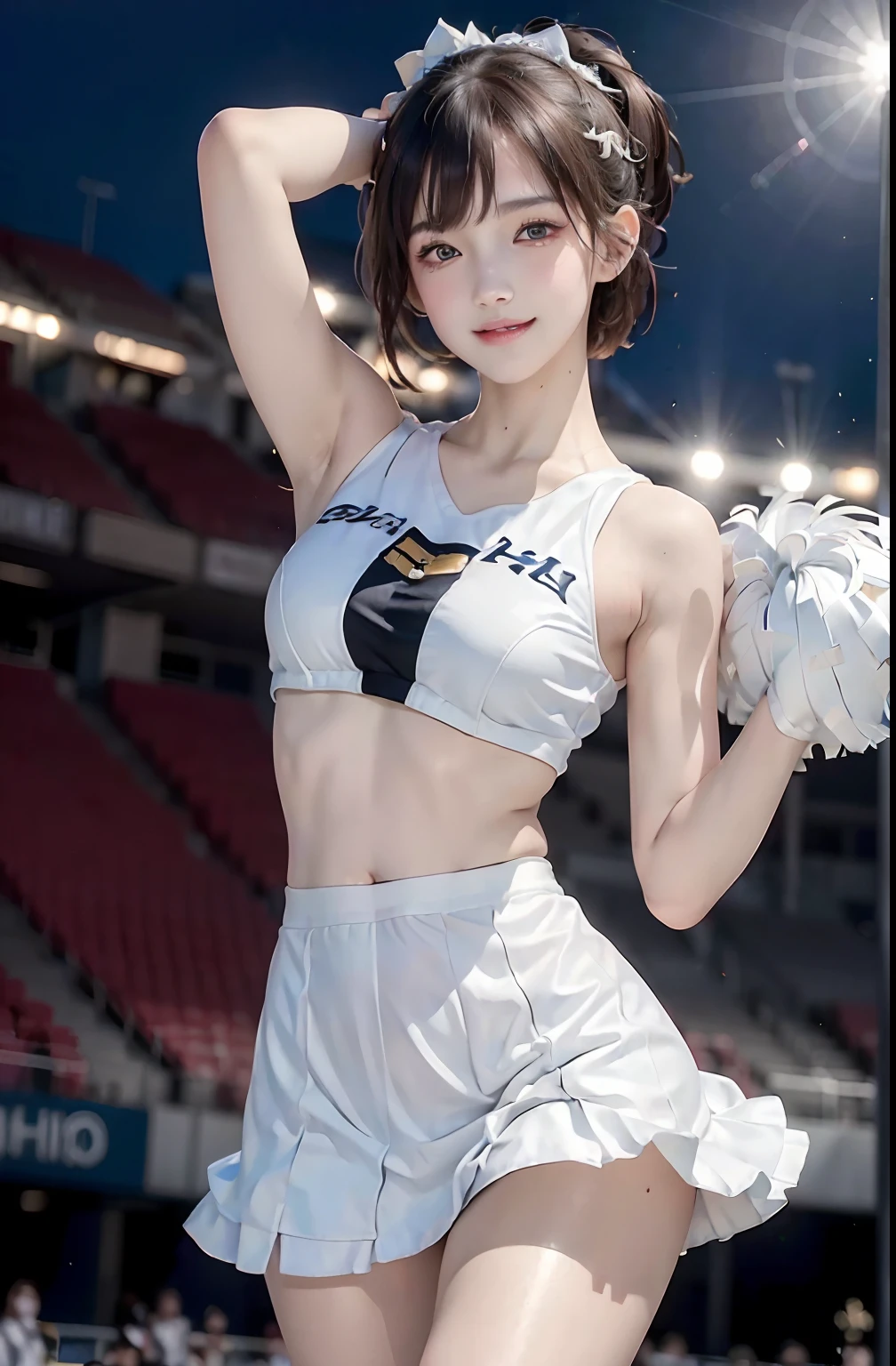 (((Best Quality, 8k, photo realistic:1.4, Masterpiece))), back Lighting, highly detailed facial textures women, 18yo, (((white Cheerleader:1.2))), ((Stadium Background: 1.2)), arm up, beautiful make up, black eyes, smile, open mouth, shiny brown messy short hairstyles, squat pose, cowboy shot