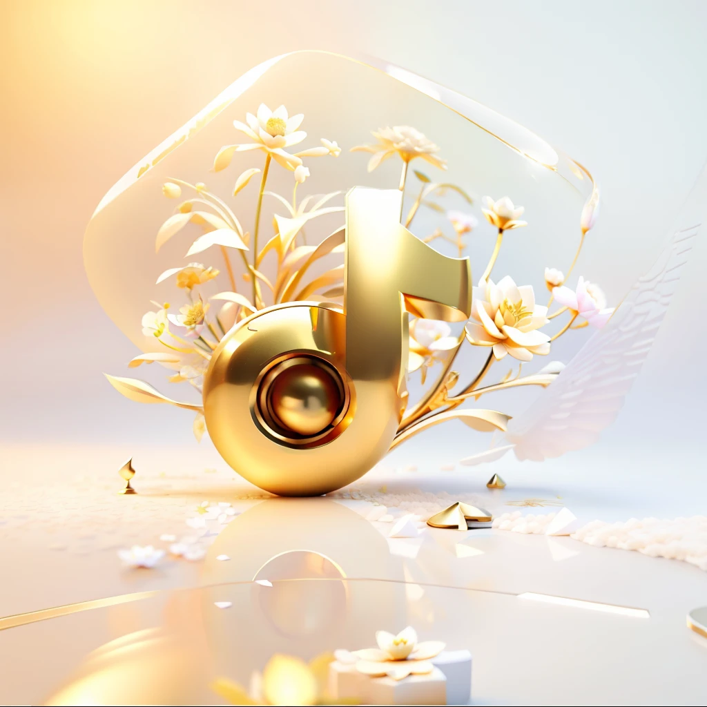On the ground there is a white and gold figure,There are flowers on it, The letter D, Stylized 3D, 3 D 徽标, 3d 8k render, japonisme 3 d 8 k ultra detailed, Digital art, 3 d sculpture 8 k octane render, Delicate white and gold neon, golden number, behance 3d,Golden lotus:1,Golden curves:2